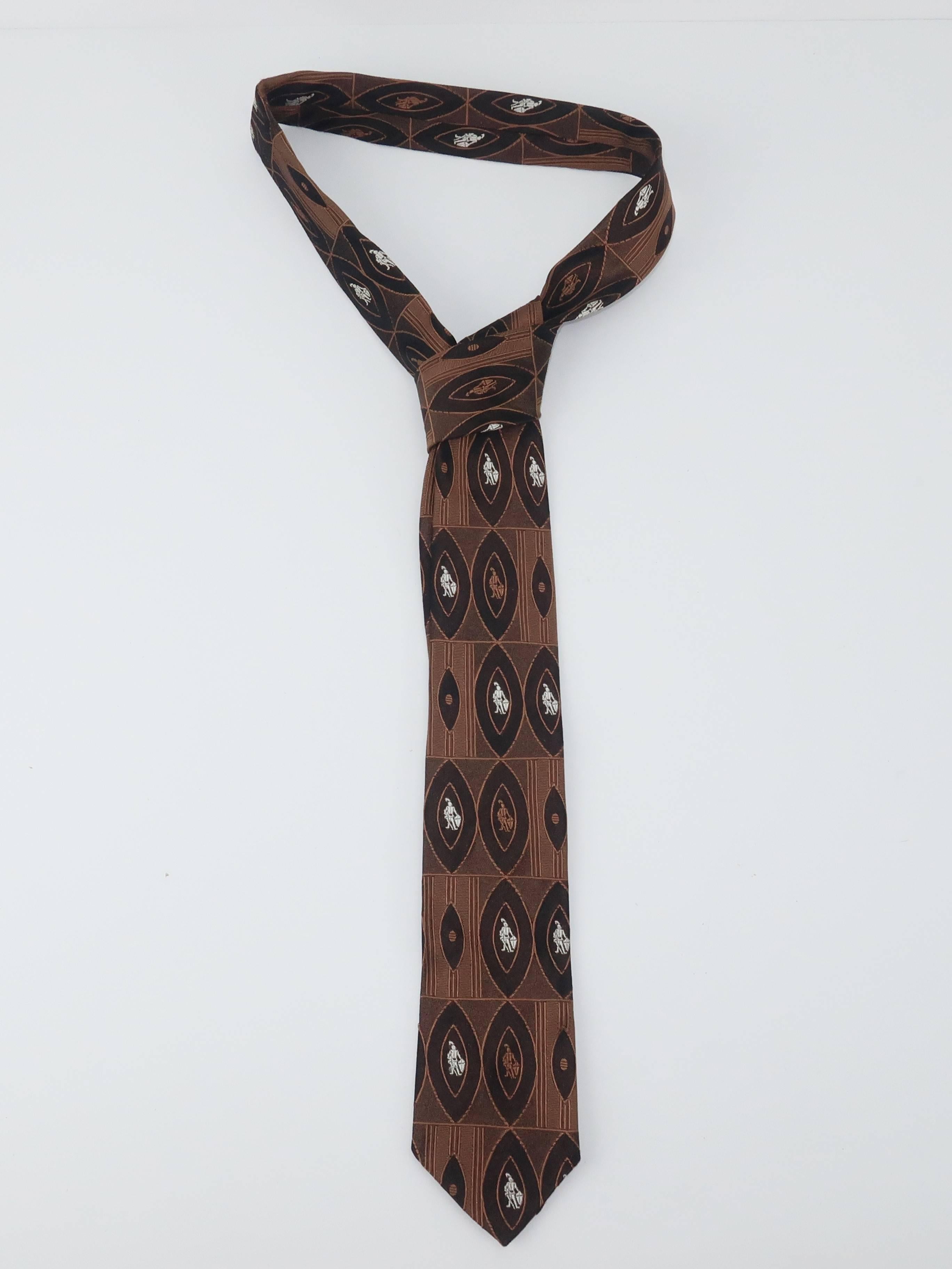 Women's or Men's 1950’s Men’s Skinny Brown Silk Necktie With Knight Motif