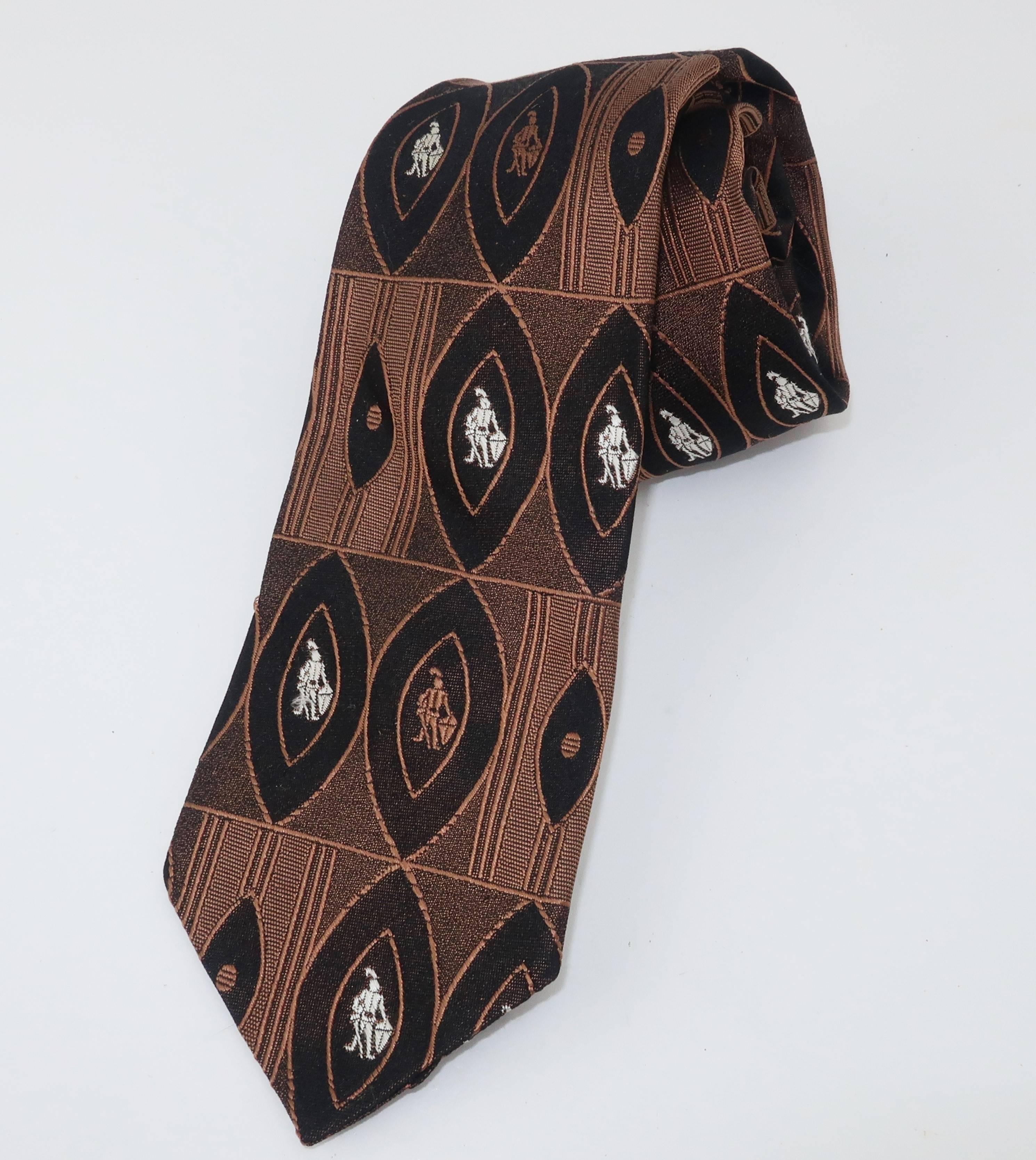 Black 1950’s Men’s Skinny Brown Silk Necktie With Knight Motif