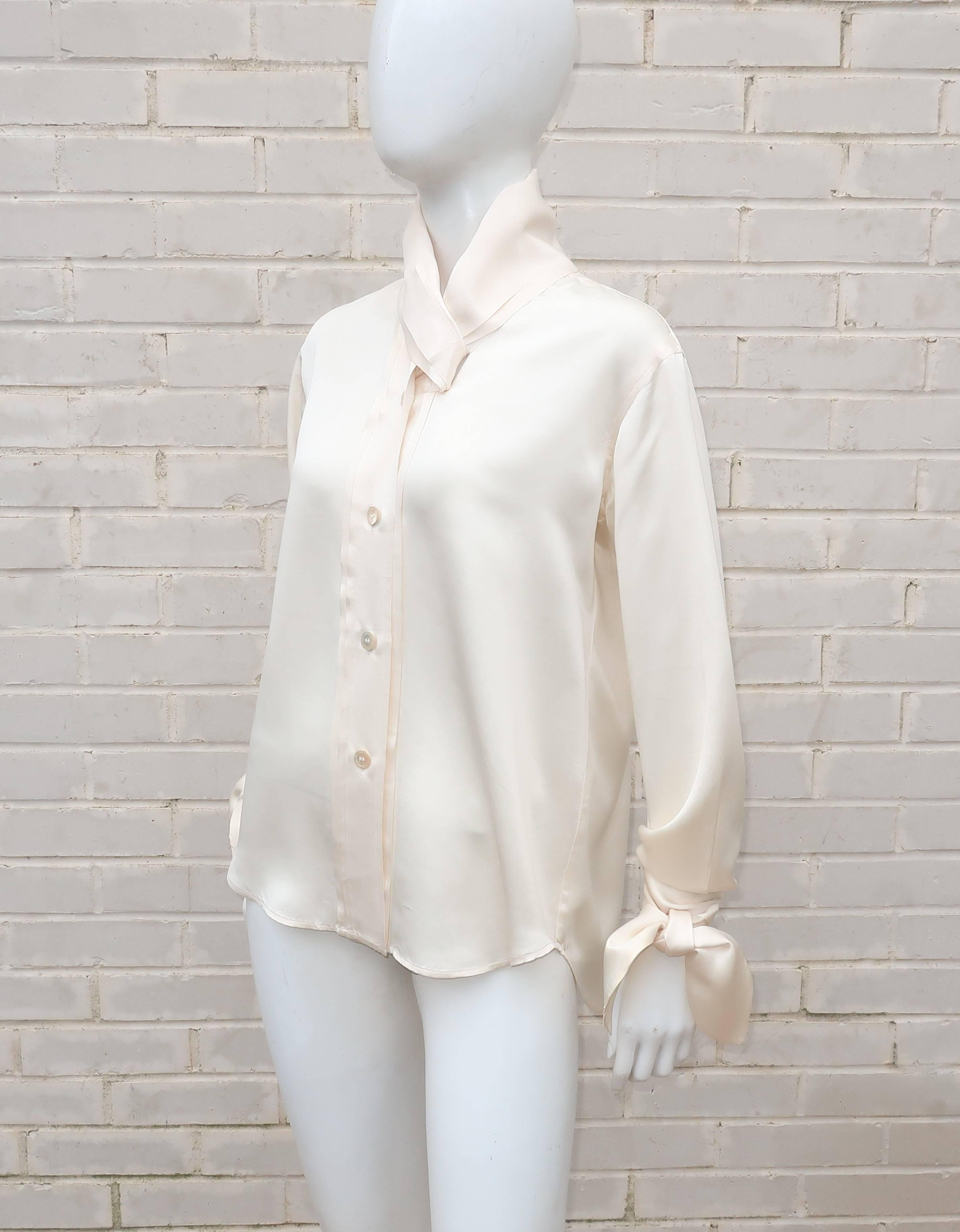 1980's Romeo Gigli Ivory Silk Blouse With Sash Cuffs 3