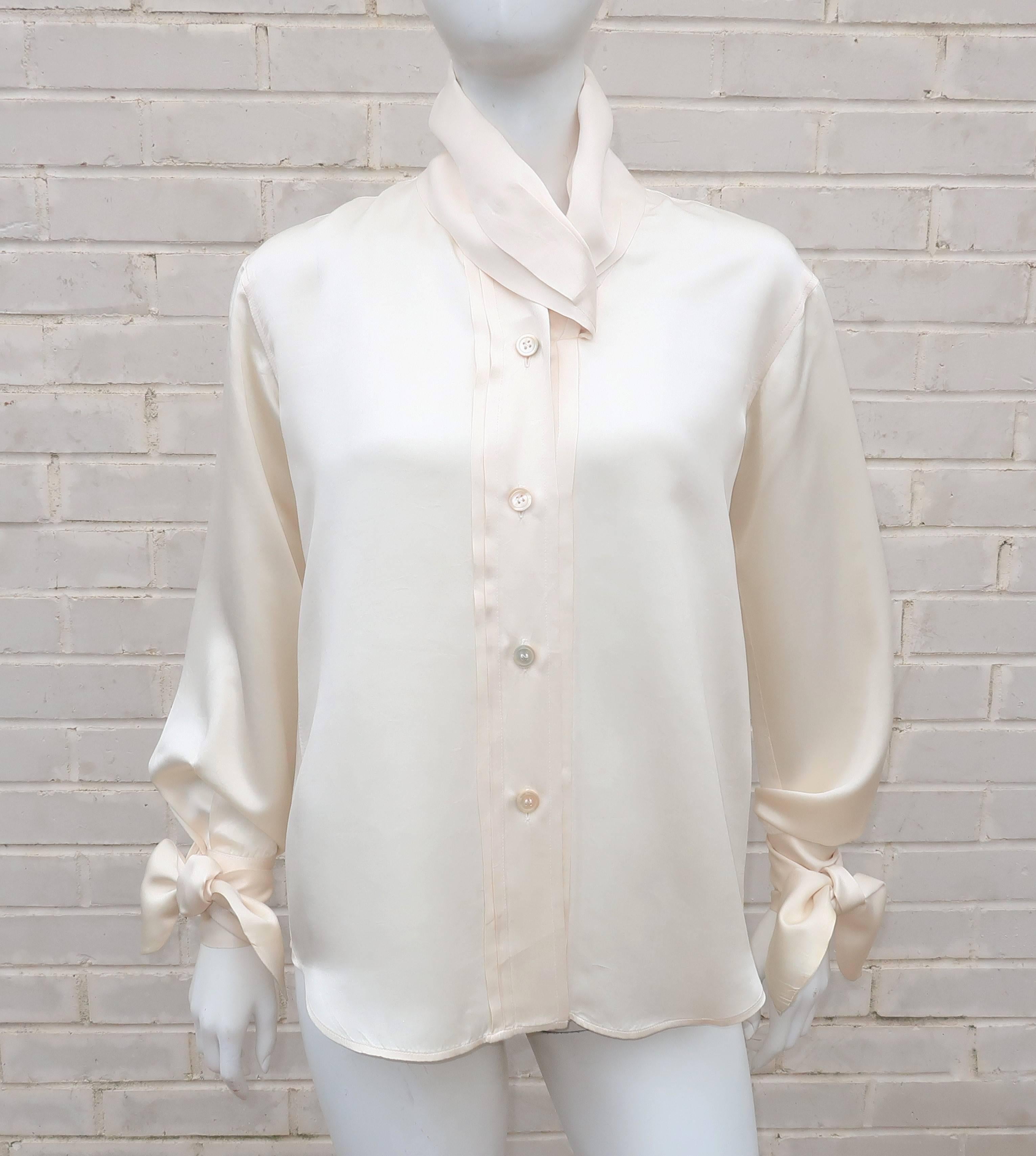 Gray 1980's Romeo Gigli Ivory Silk Blouse With Sash Cuffs