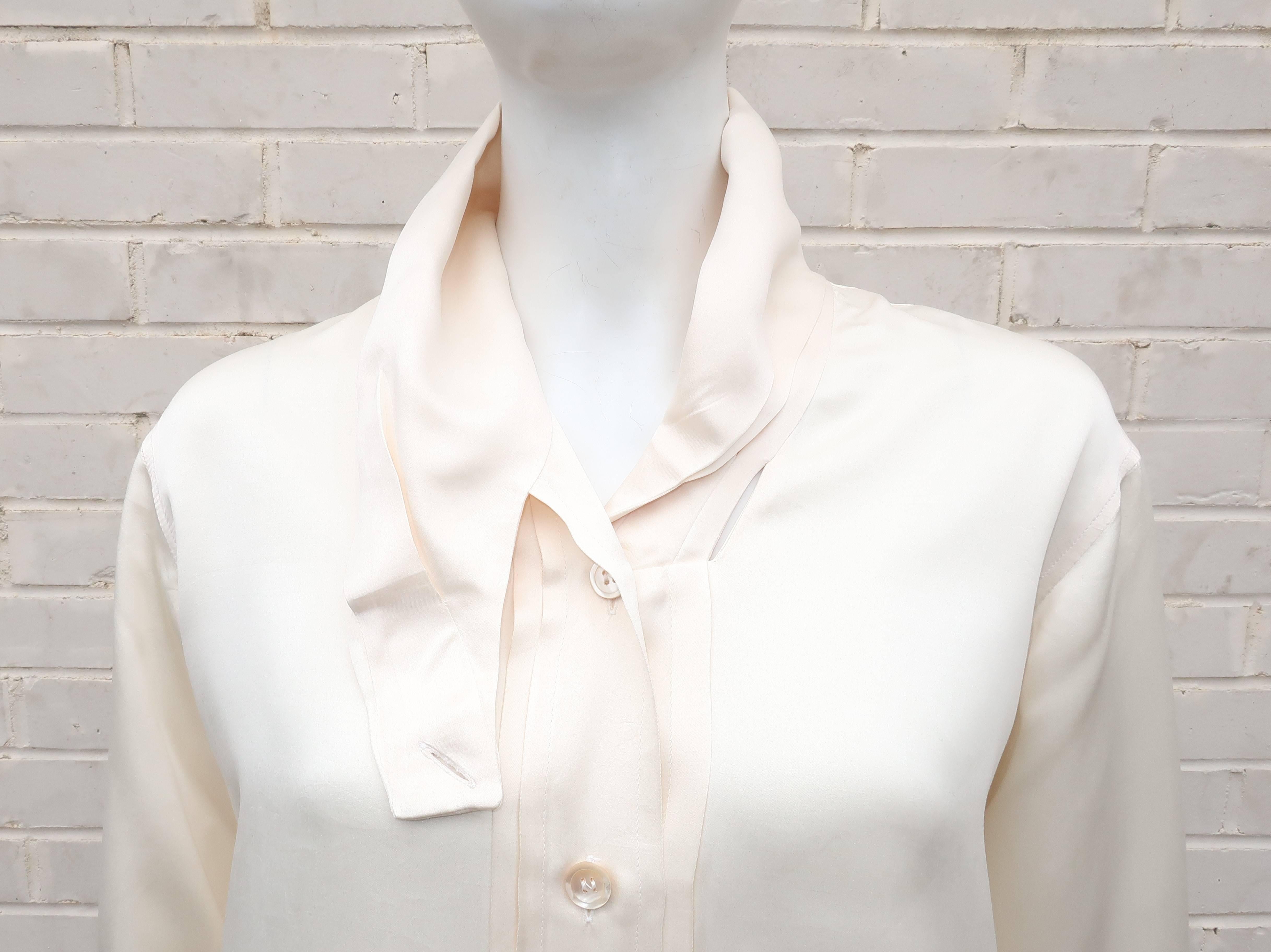 Women's 1980's Romeo Gigli Ivory Silk Blouse With Sash Cuffs