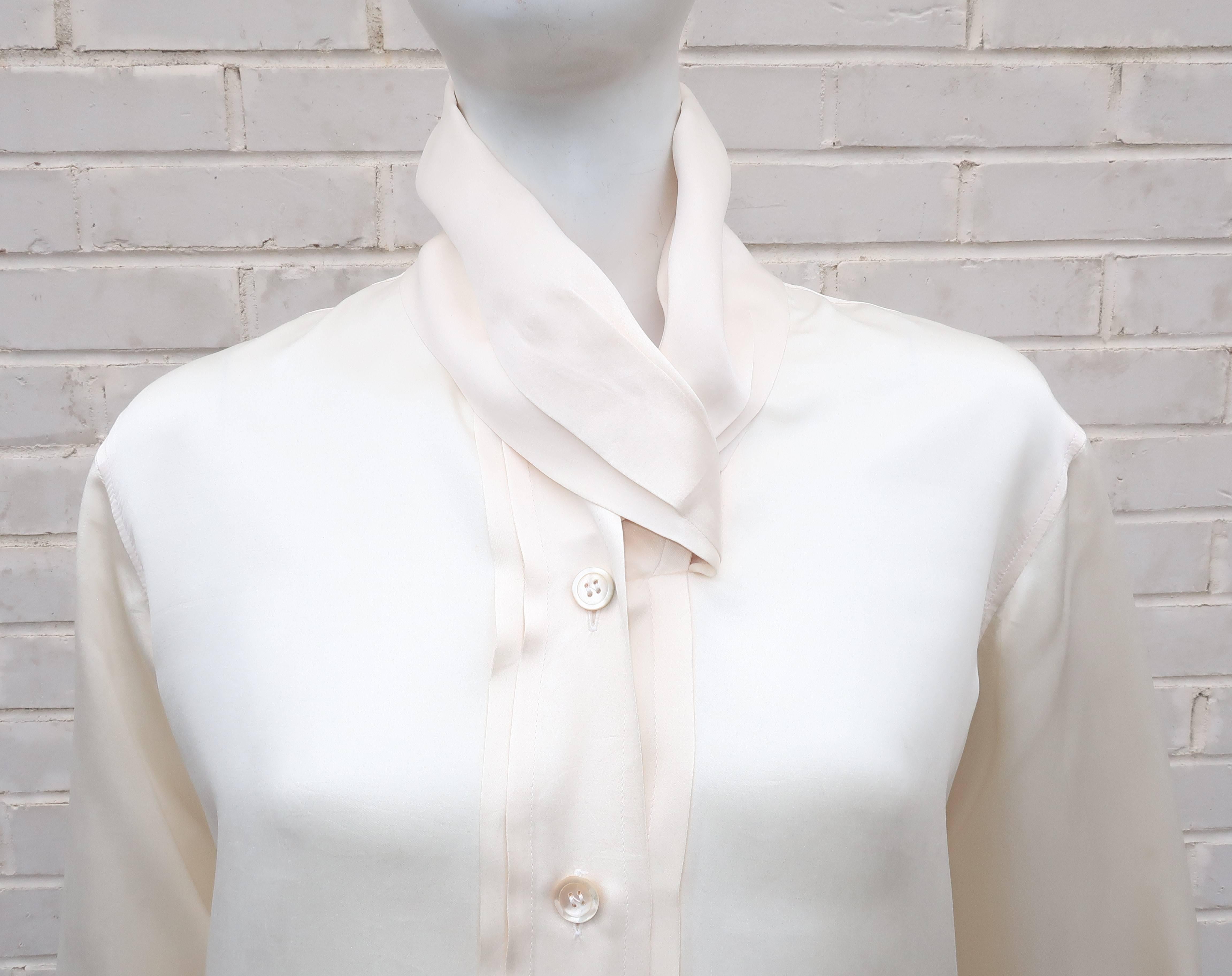 1980's Romeo Gigli Ivory Silk Blouse With Sash Cuffs In Good Condition In Atlanta, GA