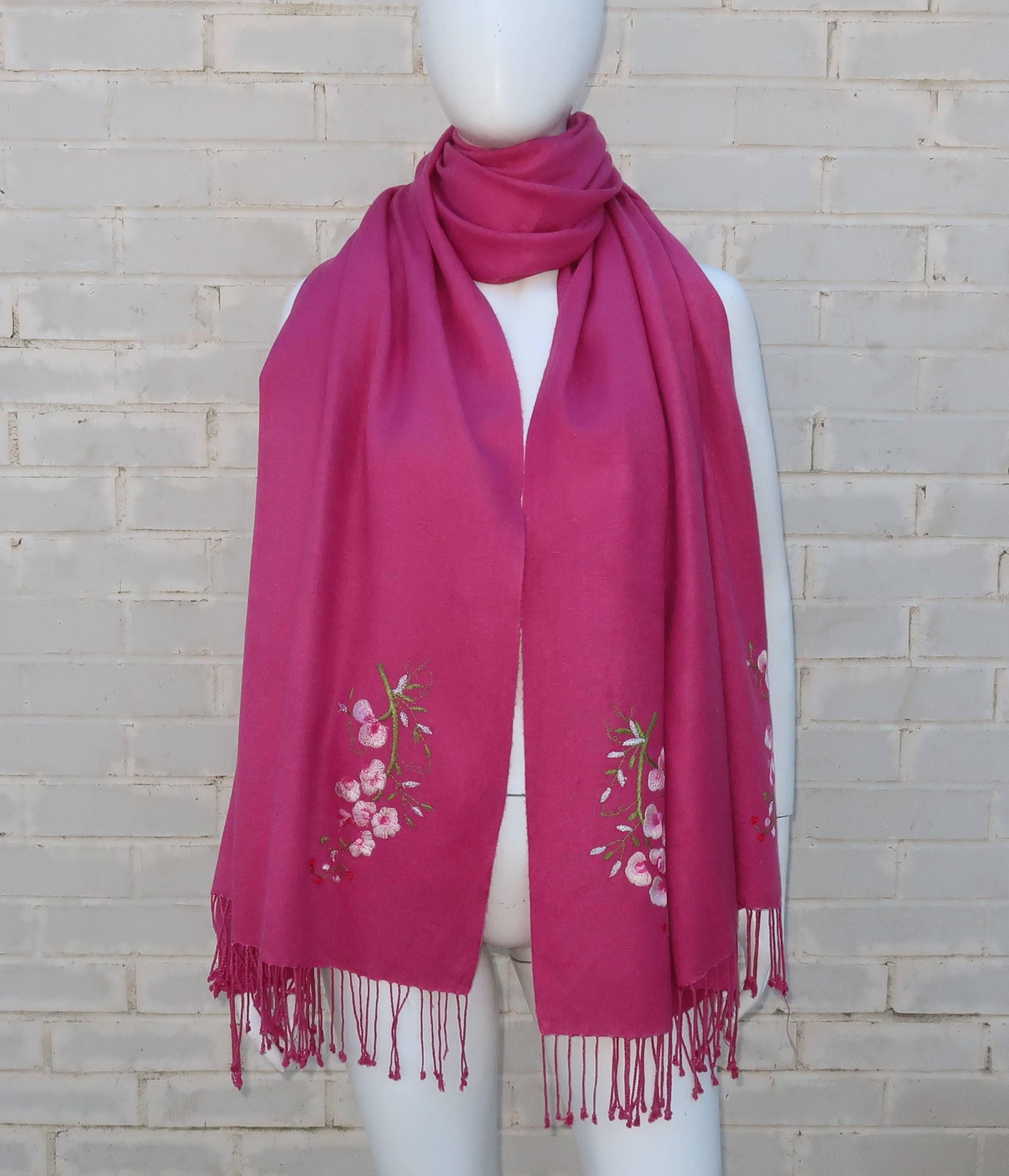 Large Hot Pink Wool Scarf Shawl With Cherry Blossoms 2