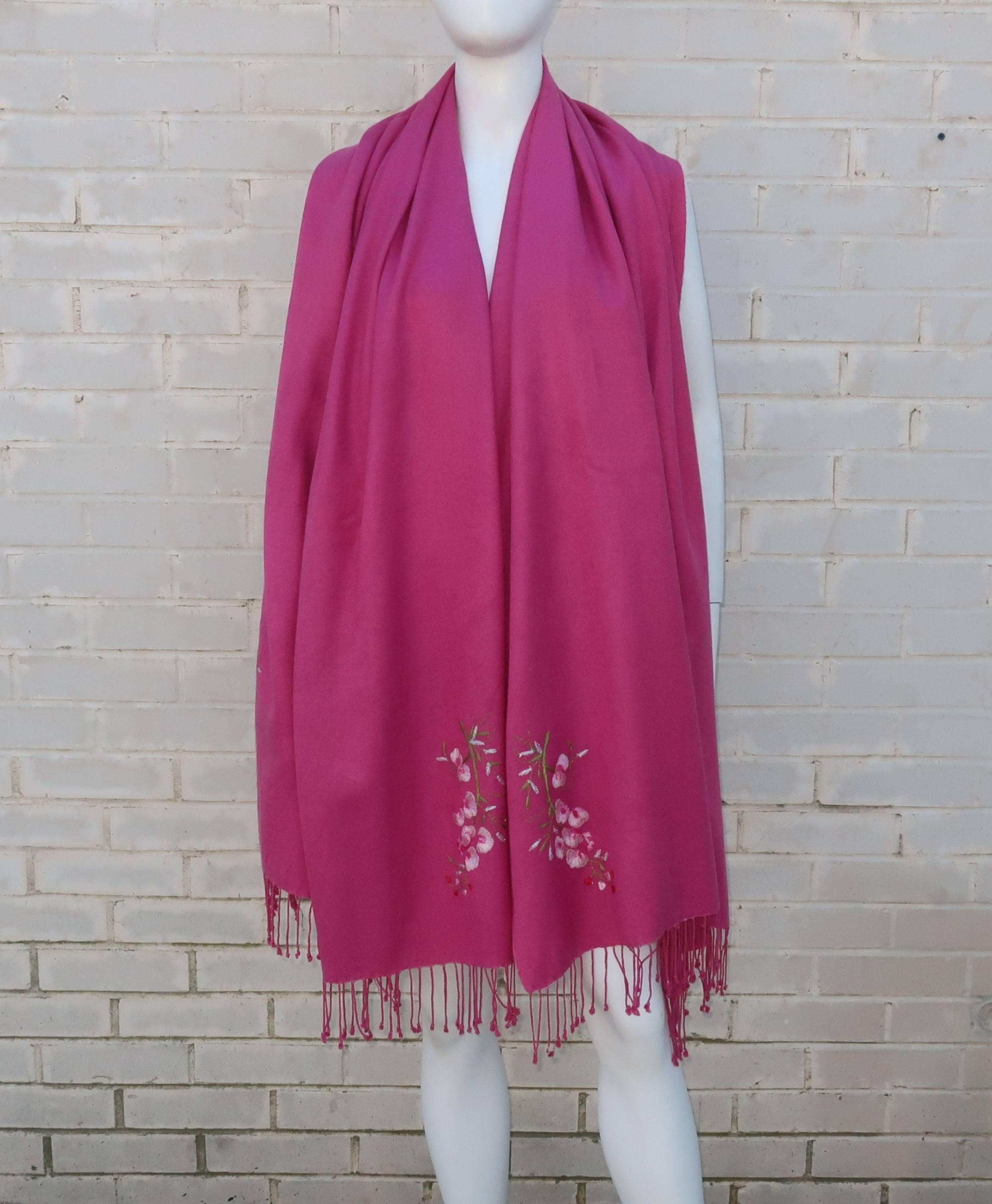 Women's or Men's Large Hot Pink Wool Scarf Shawl With Cherry Blossoms