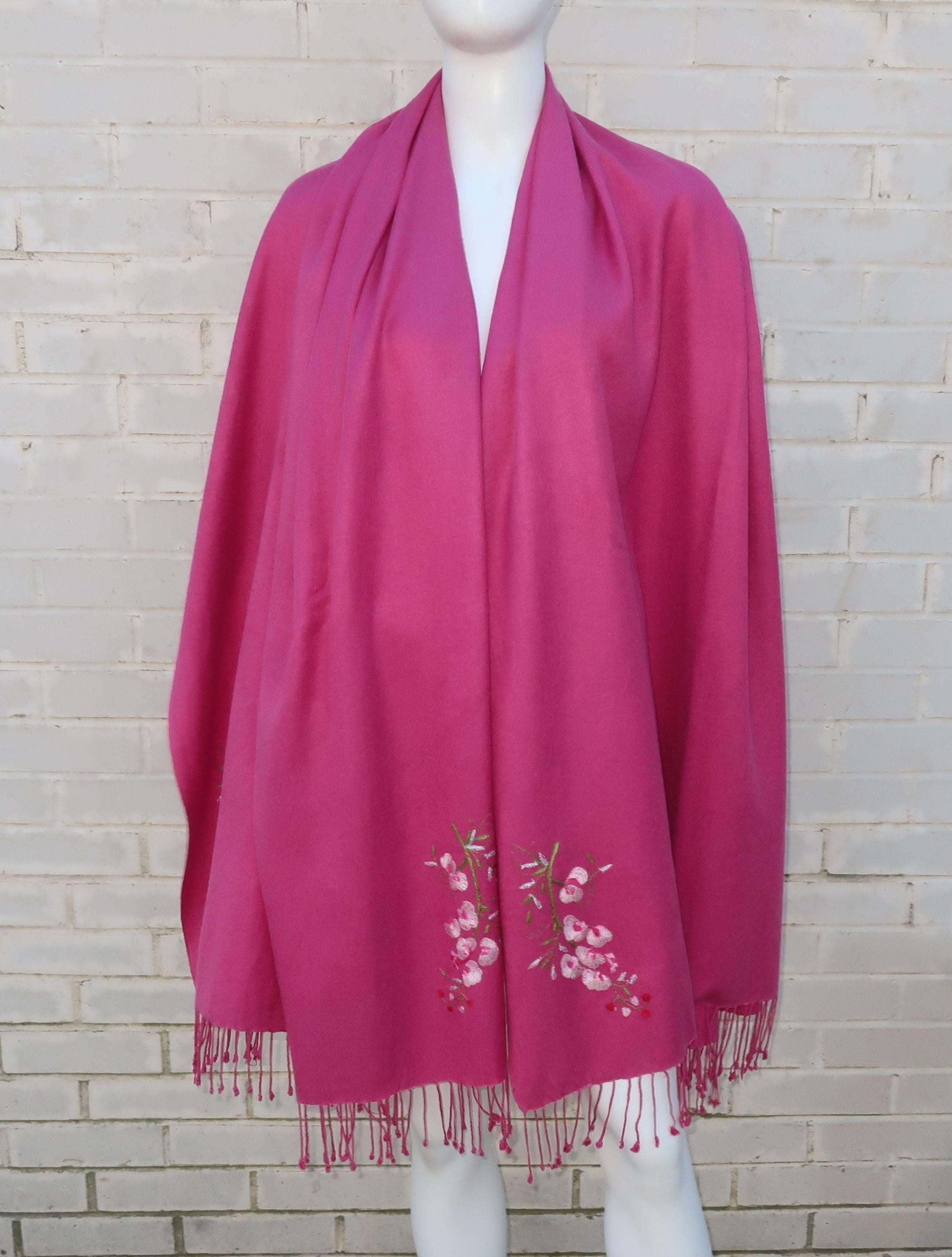 Large Hot Pink Wool Scarf Shawl With Cherry Blossoms 1