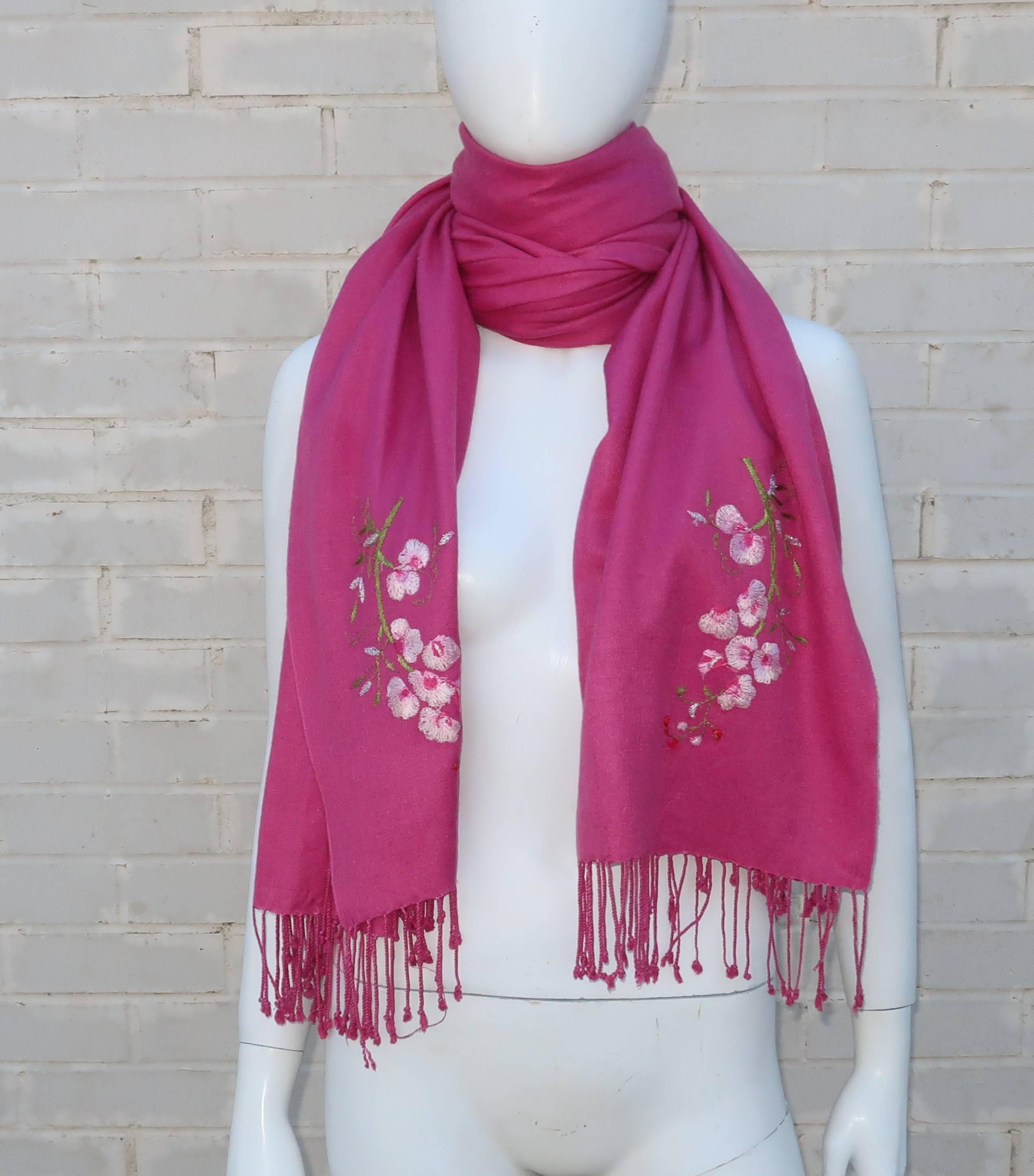 Large Hot Pink Wool Scarf Shawl With Cherry Blossoms 3