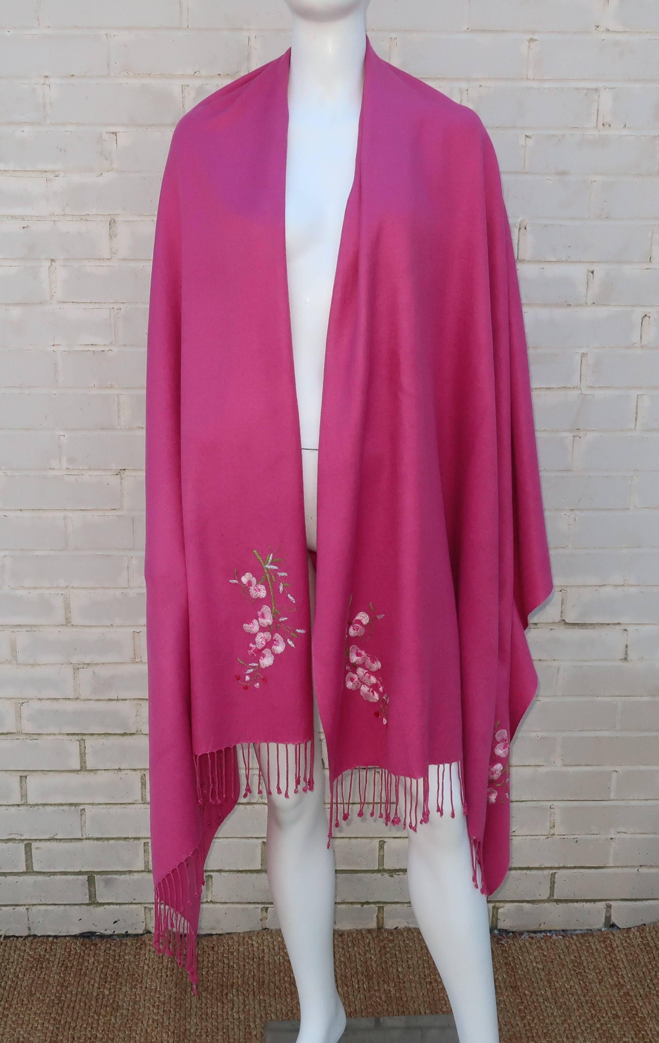 Large Hot Pink Wool Scarf Shawl With Cherry Blossoms In Good Condition In Atlanta, GA