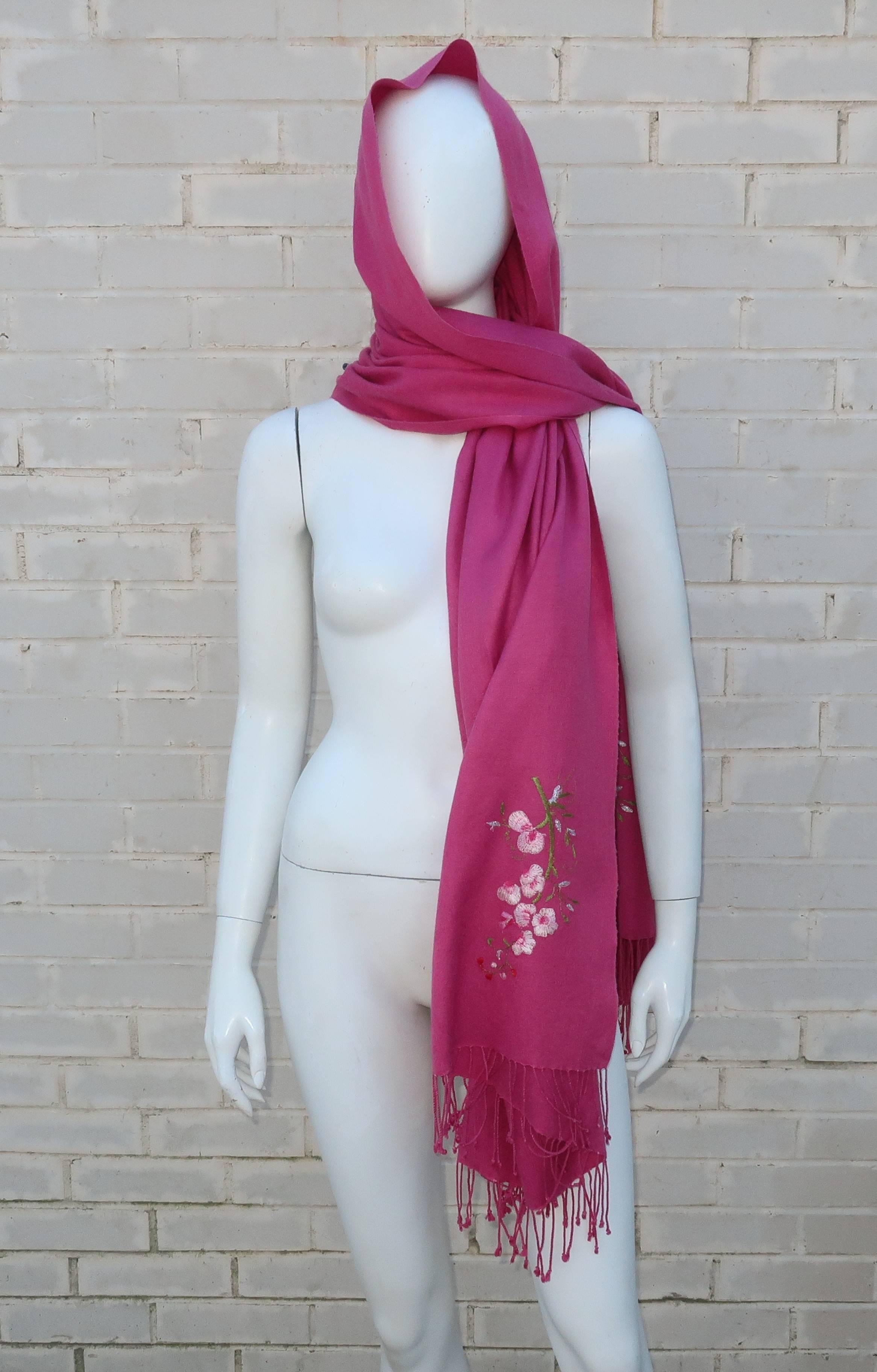 Large Hot Pink Wool Scarf Shawl With Cherry Blossoms 4