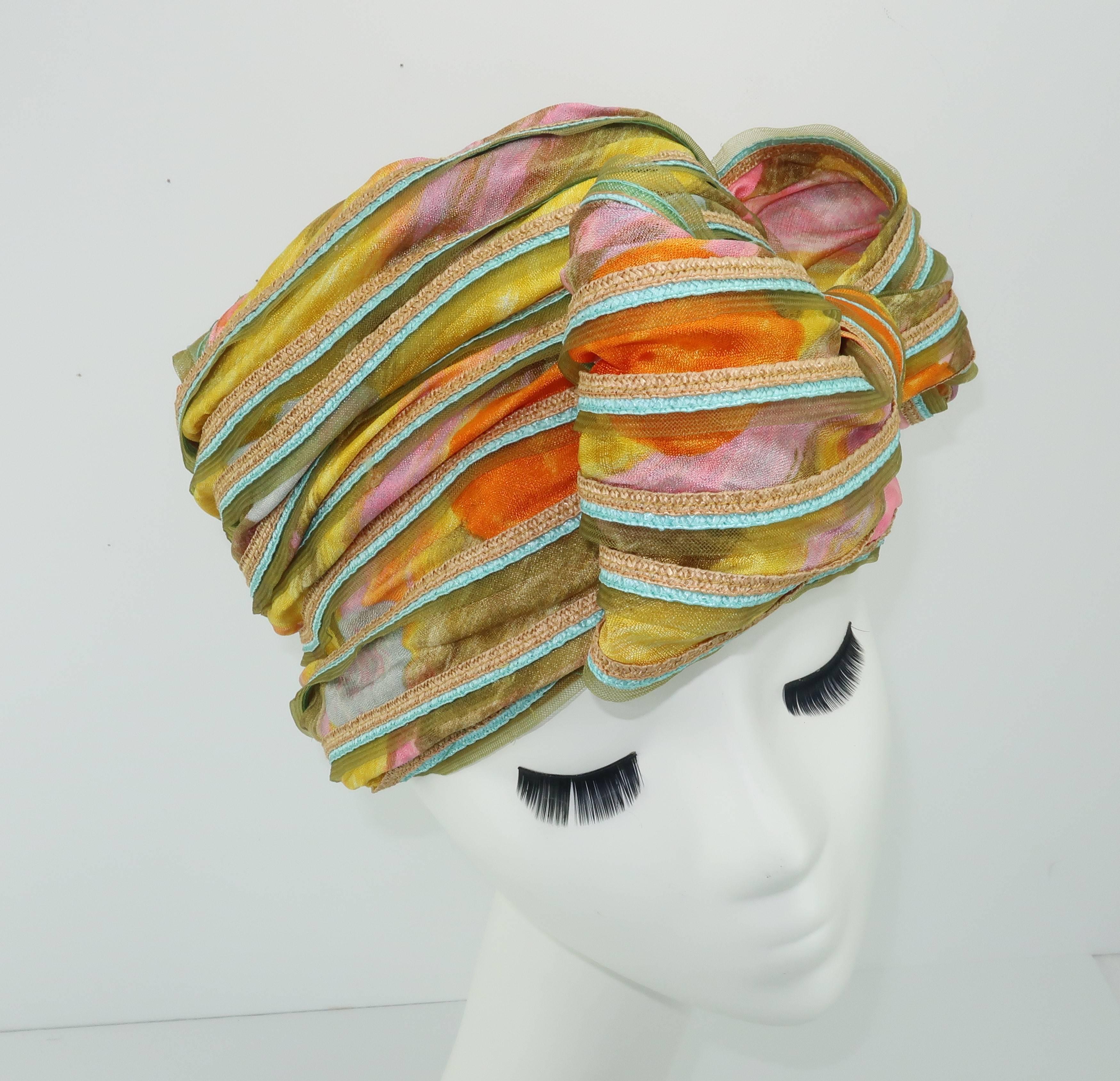 Beige Mr. John Jr. Floral Turban Style Hat With Straw Edging, 1960s 