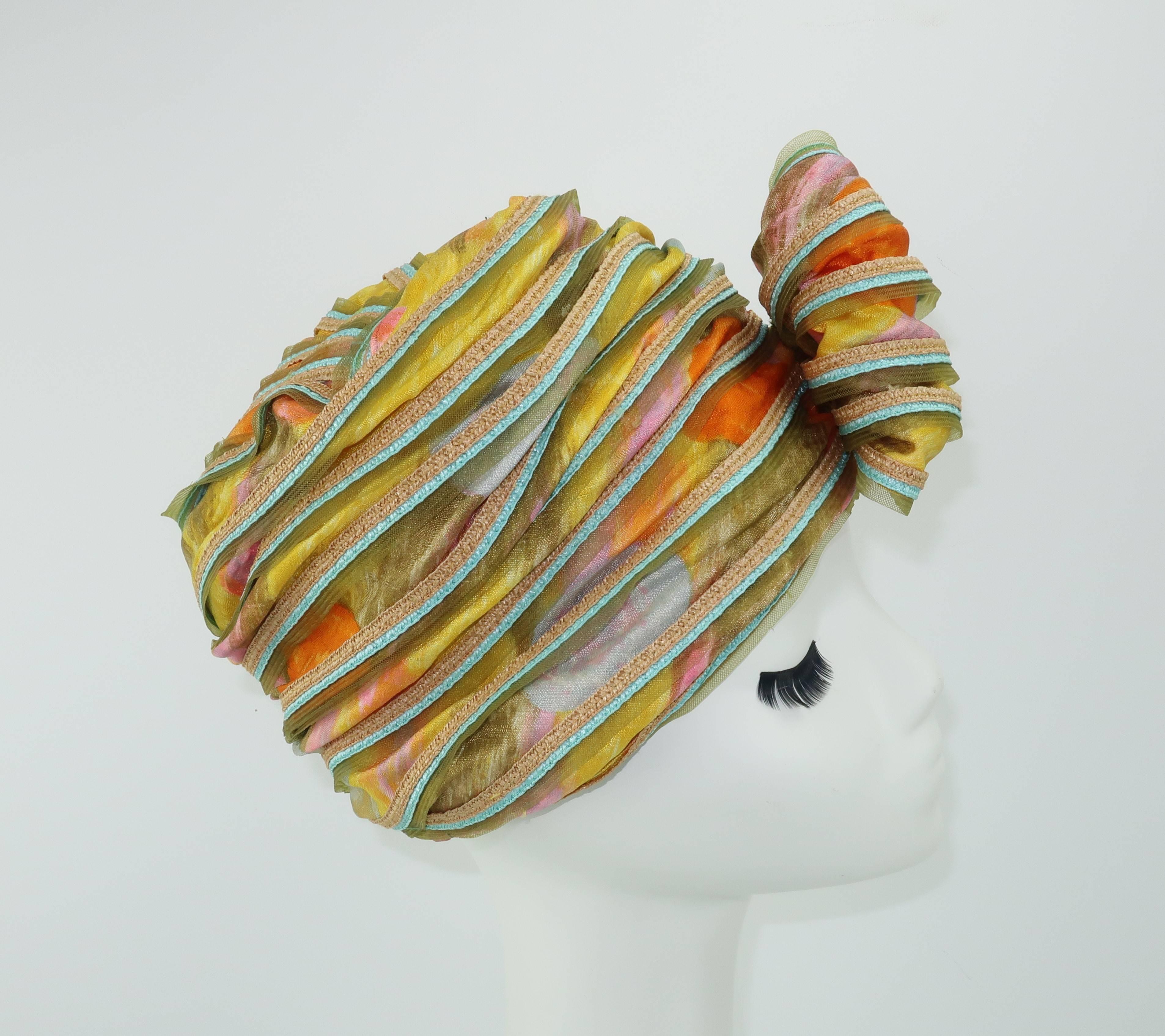Mr. John Jr. Floral Turban Style Hat With Straw Edging, 1960s  In Good Condition In Atlanta, GA