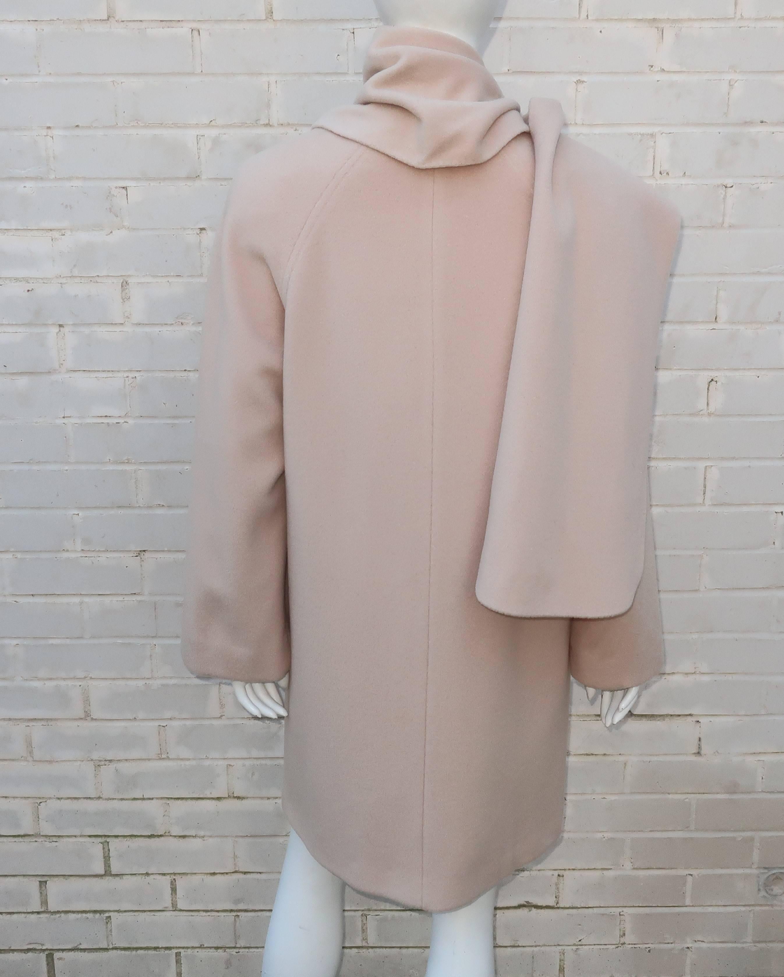 Brown Saks Fifth Avenue Cashmere Car Coat Jacket With Built In Scarf, 1980s 