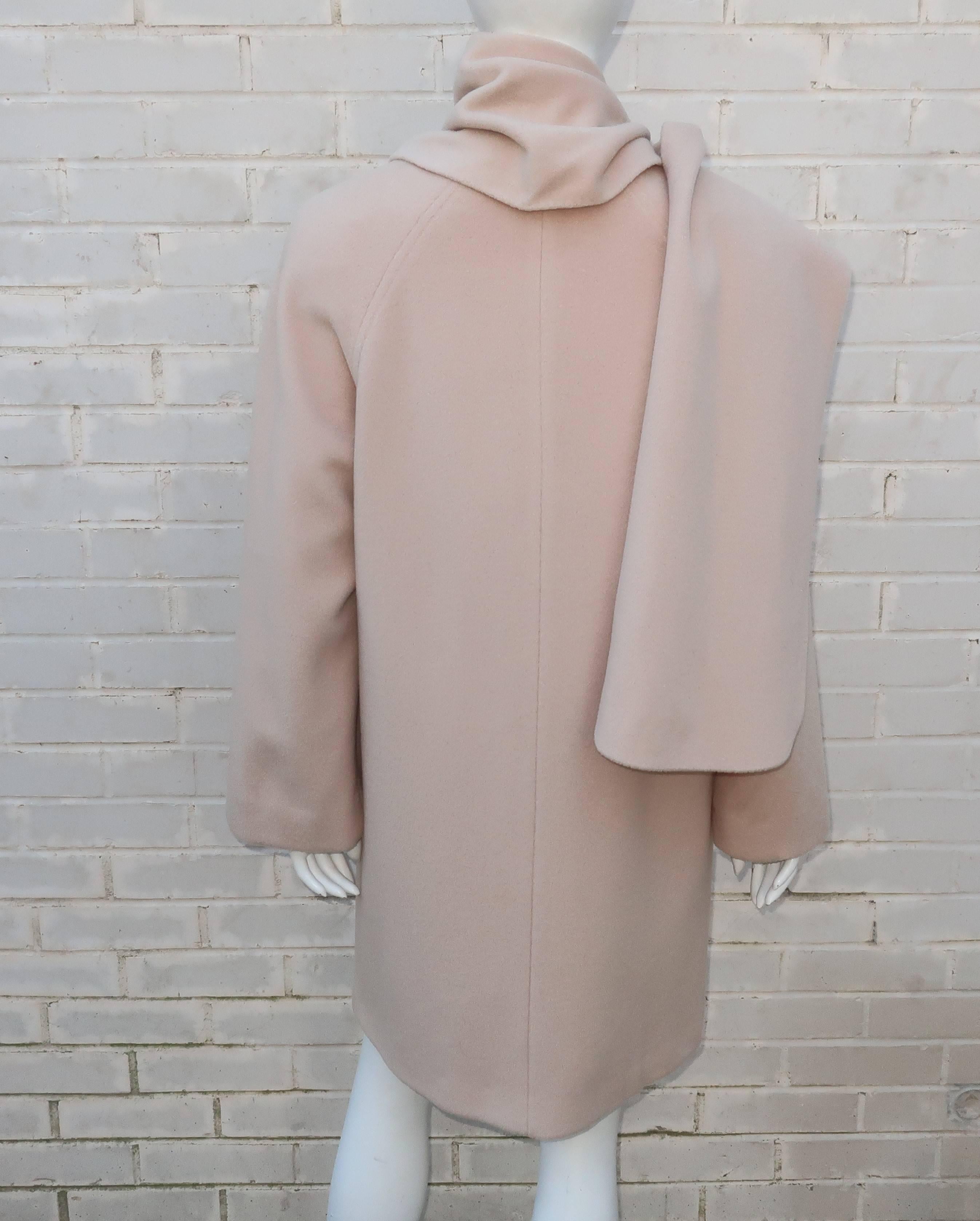 Brown Saks Fifth Avenue Cashmere Car Coat Jacket With Built In Scarf, 1980s