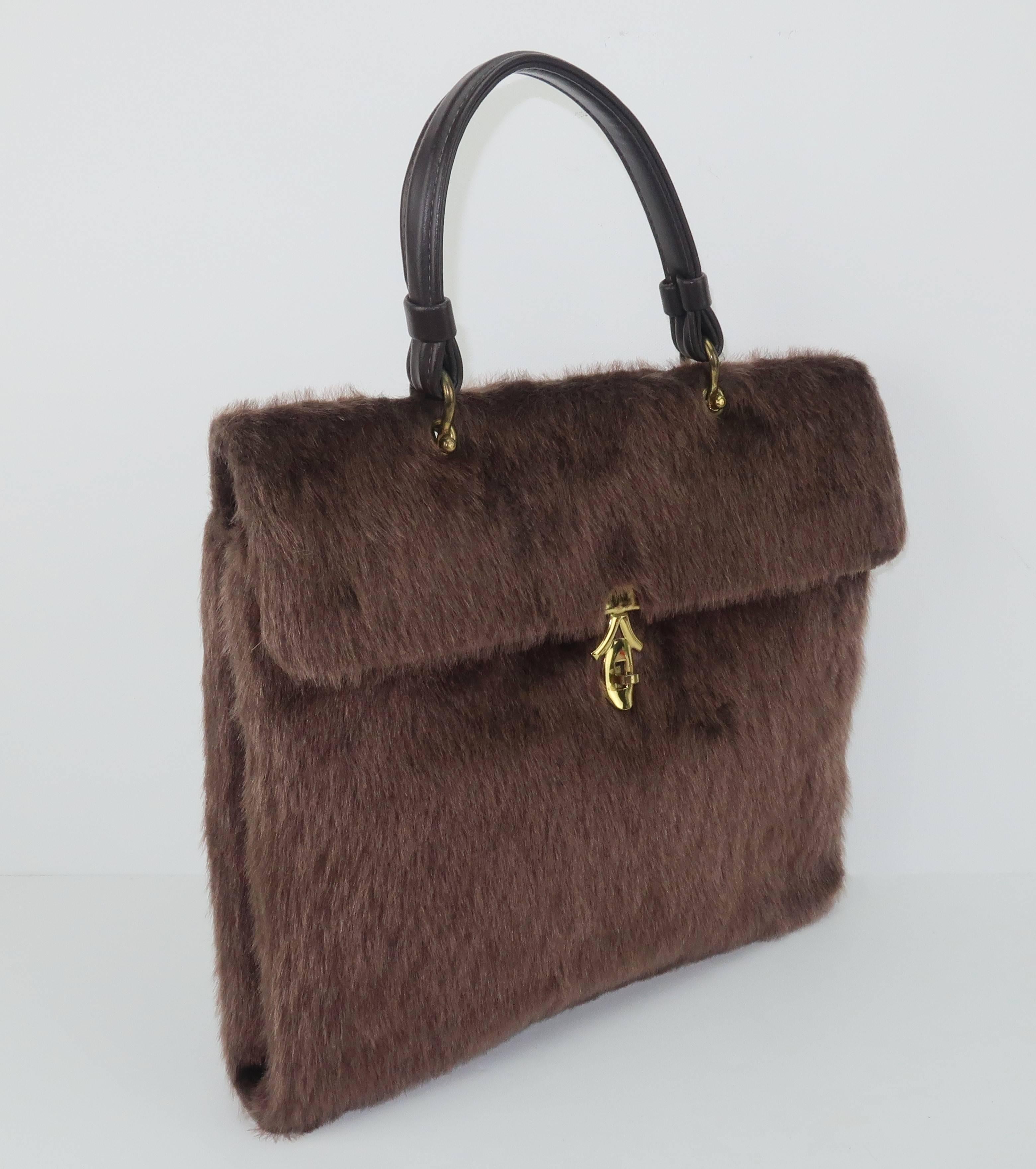 Large C.1950 Brown Faux Fur Handbag In Good Condition In Atlanta, GA