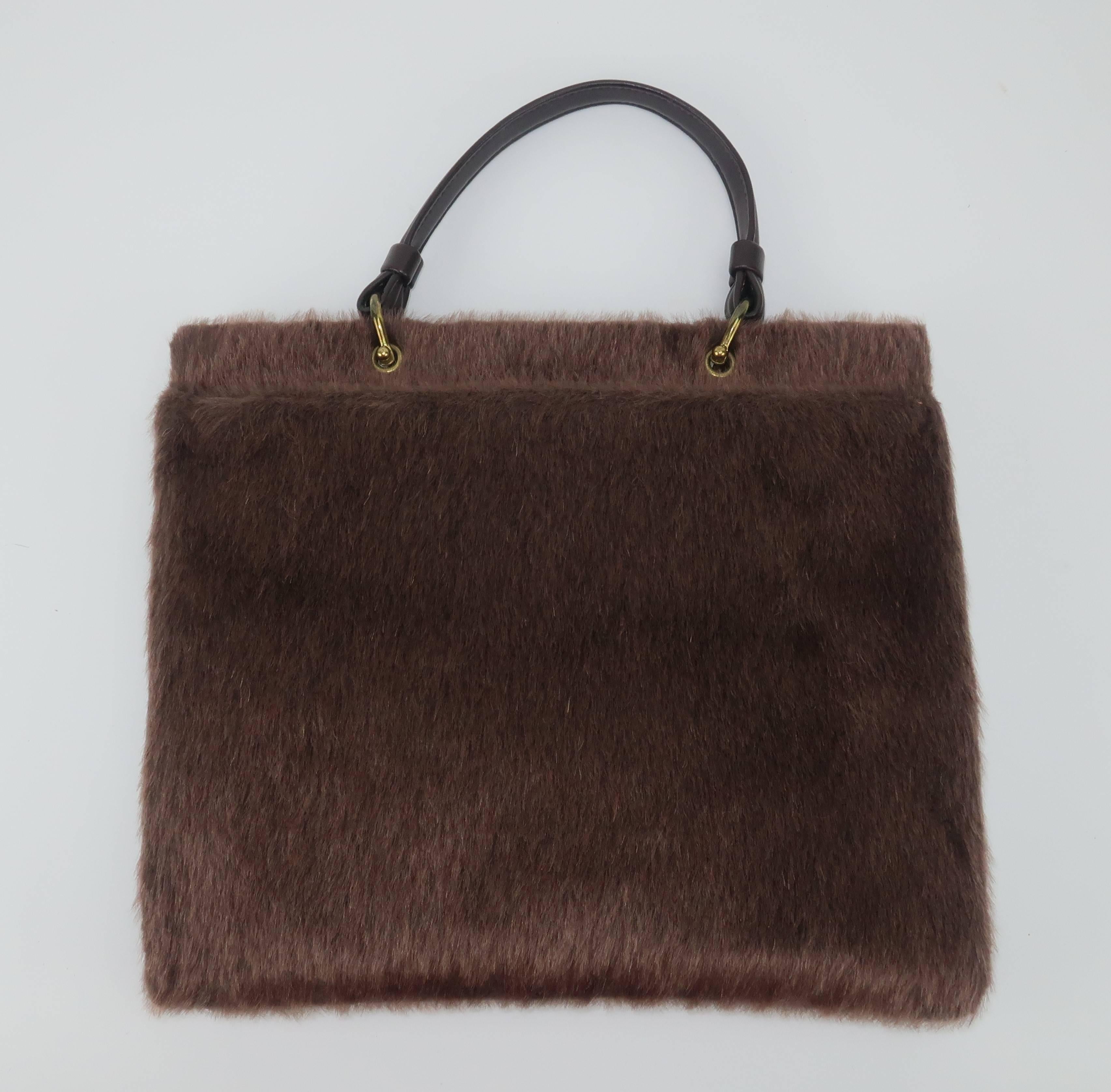 Women's Large C.1950 Brown Faux Fur Handbag