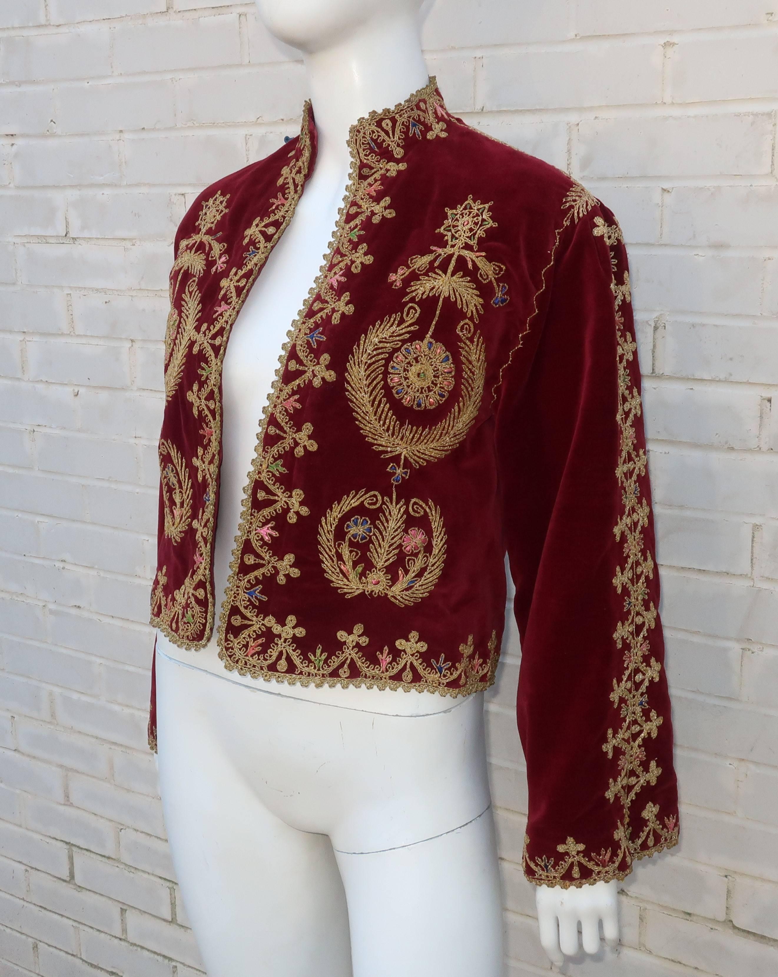 Exotic 1970’s Moroccan Embroidered Velveteen Cropped Jacket  In Good Condition In Atlanta, GA