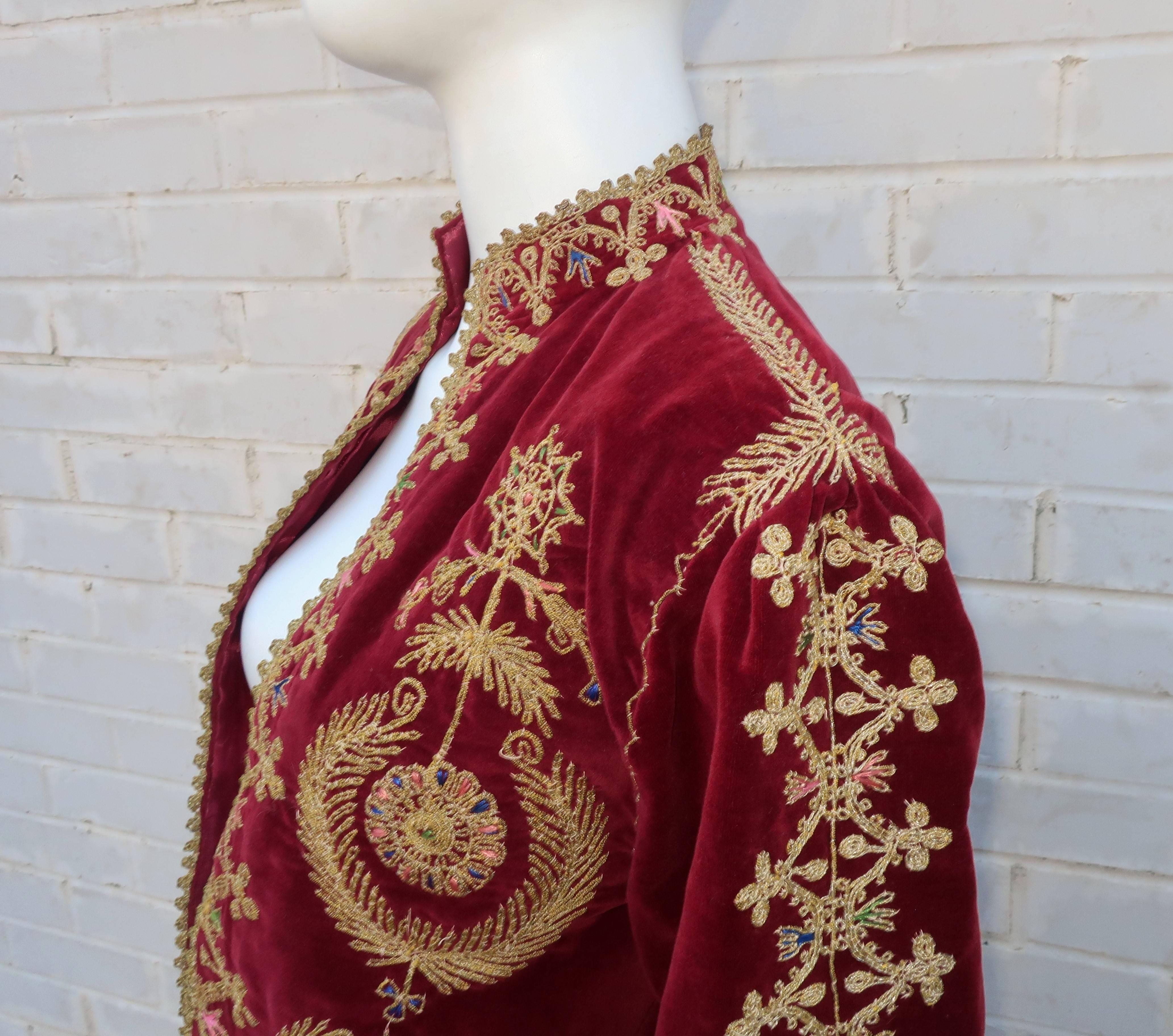 Women's or Men's Exotic 1970’s Moroccan Embroidered Velveteen Cropped Jacket 