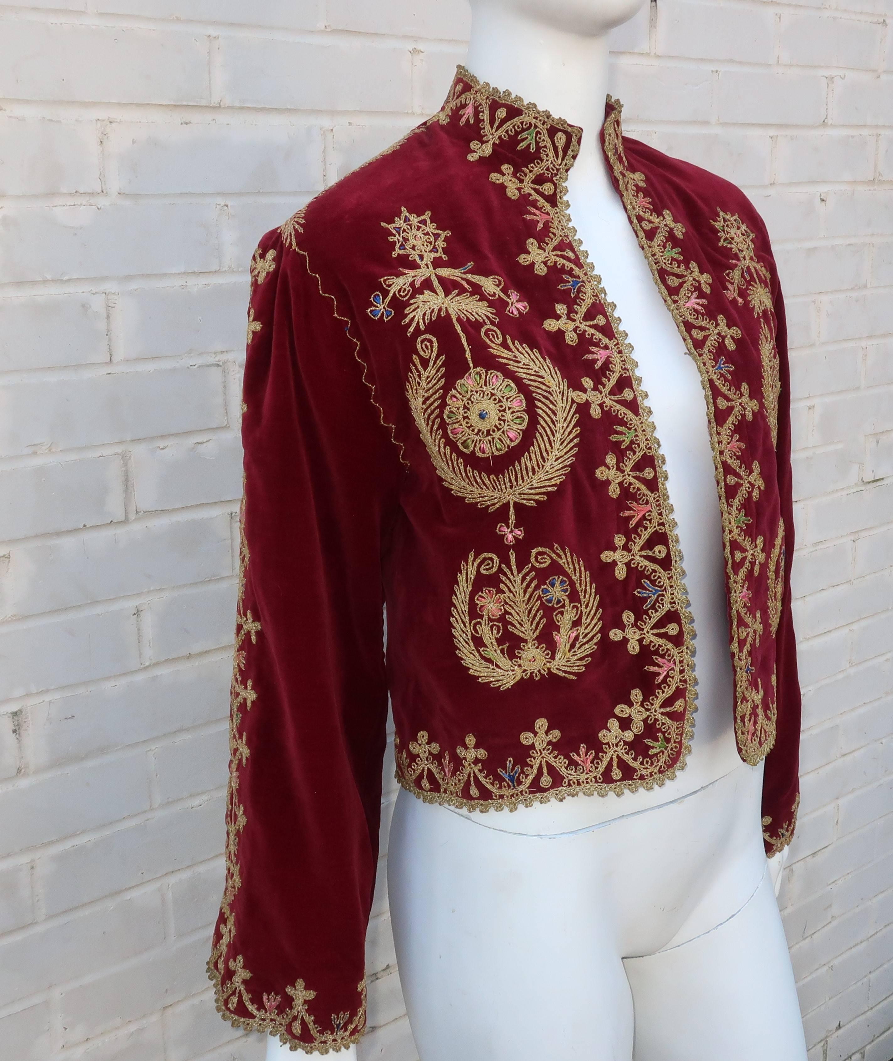 Brown Exotic 1970’s Moroccan Embroidered Velveteen Cropped Jacket 