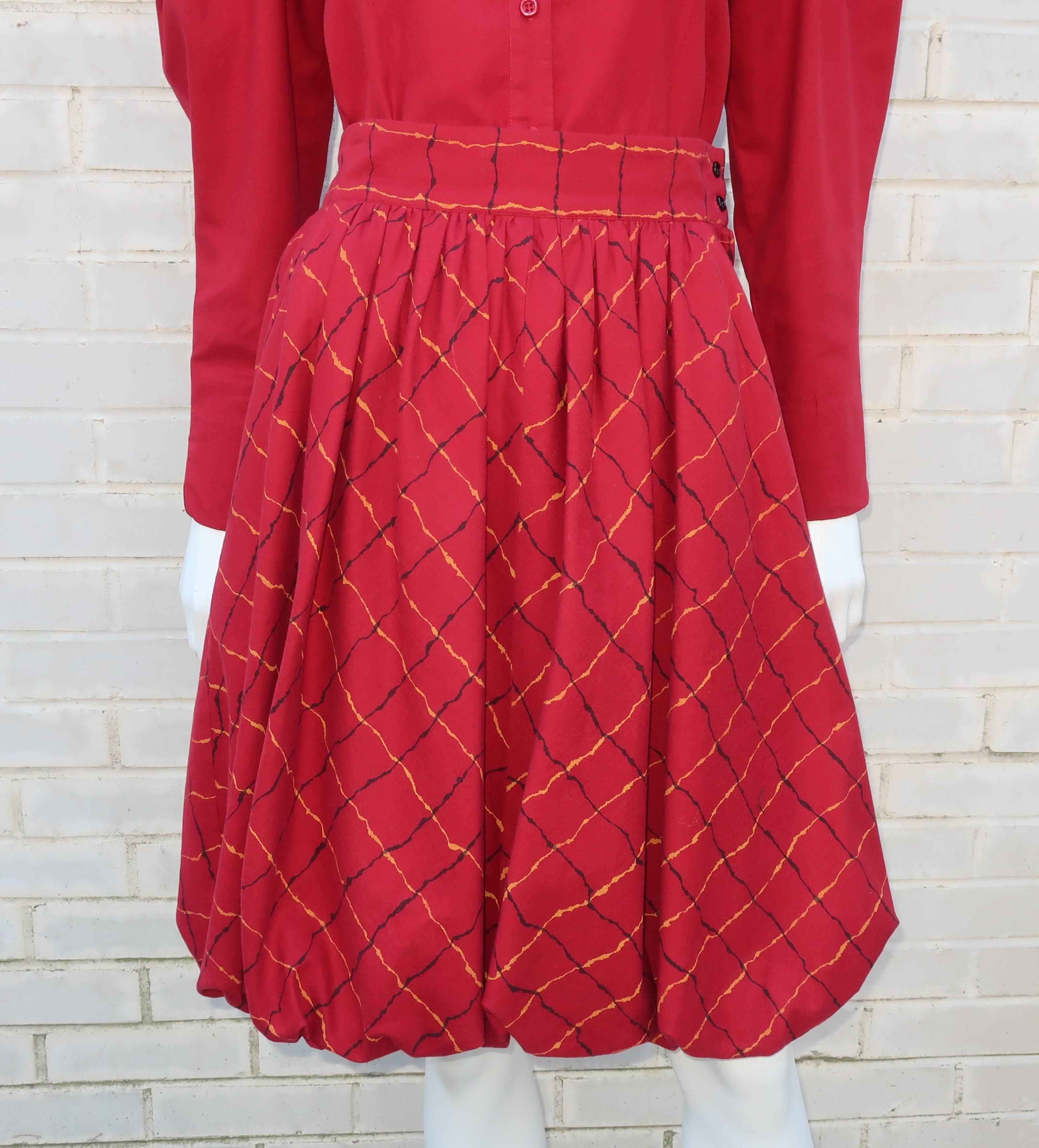 Red 1970's Jeanne Marc Two Piece Bubble Skirt & Top