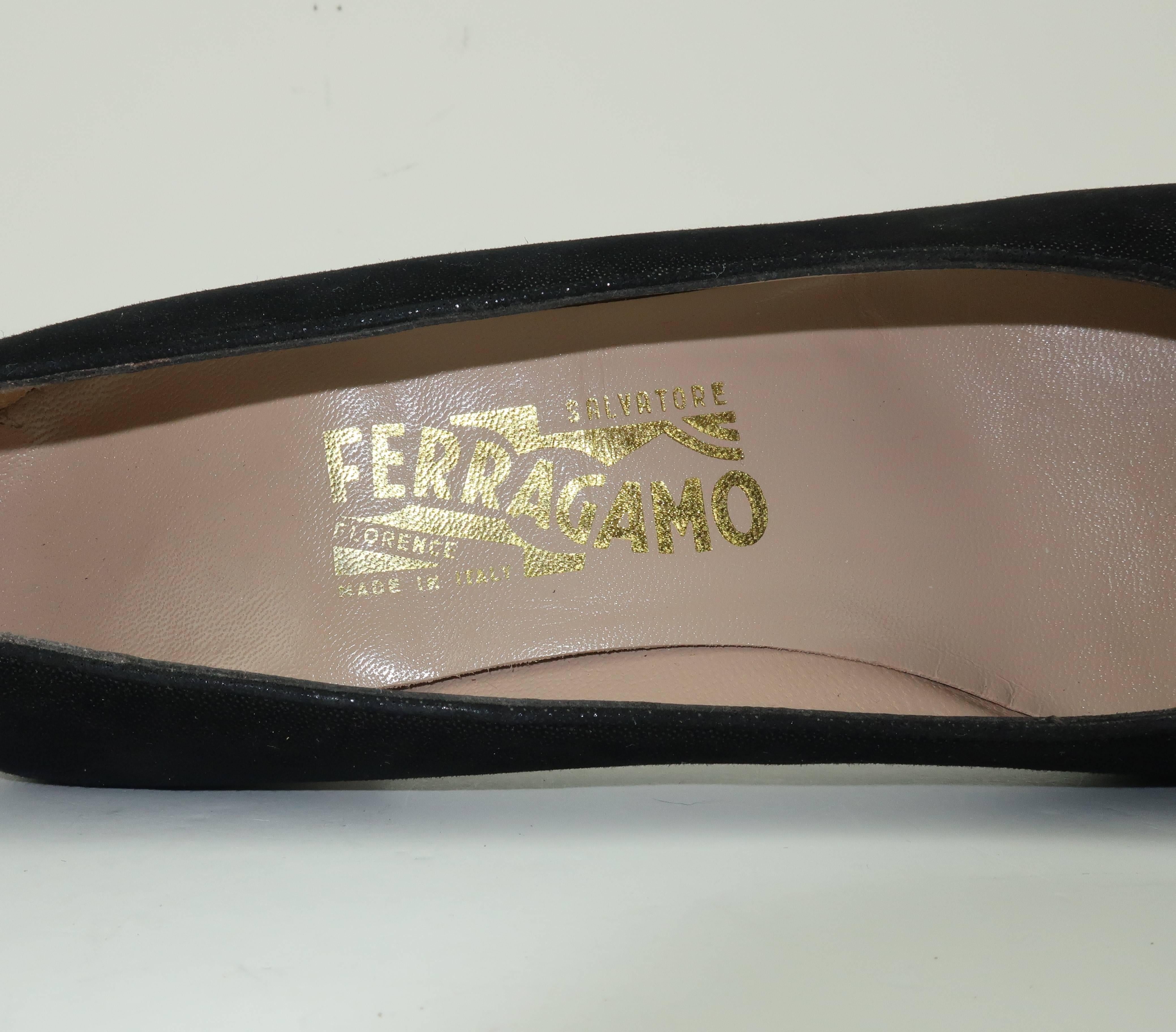 Ferragamo Vintage Laminated Black Suede Shoes With Gold Details 6