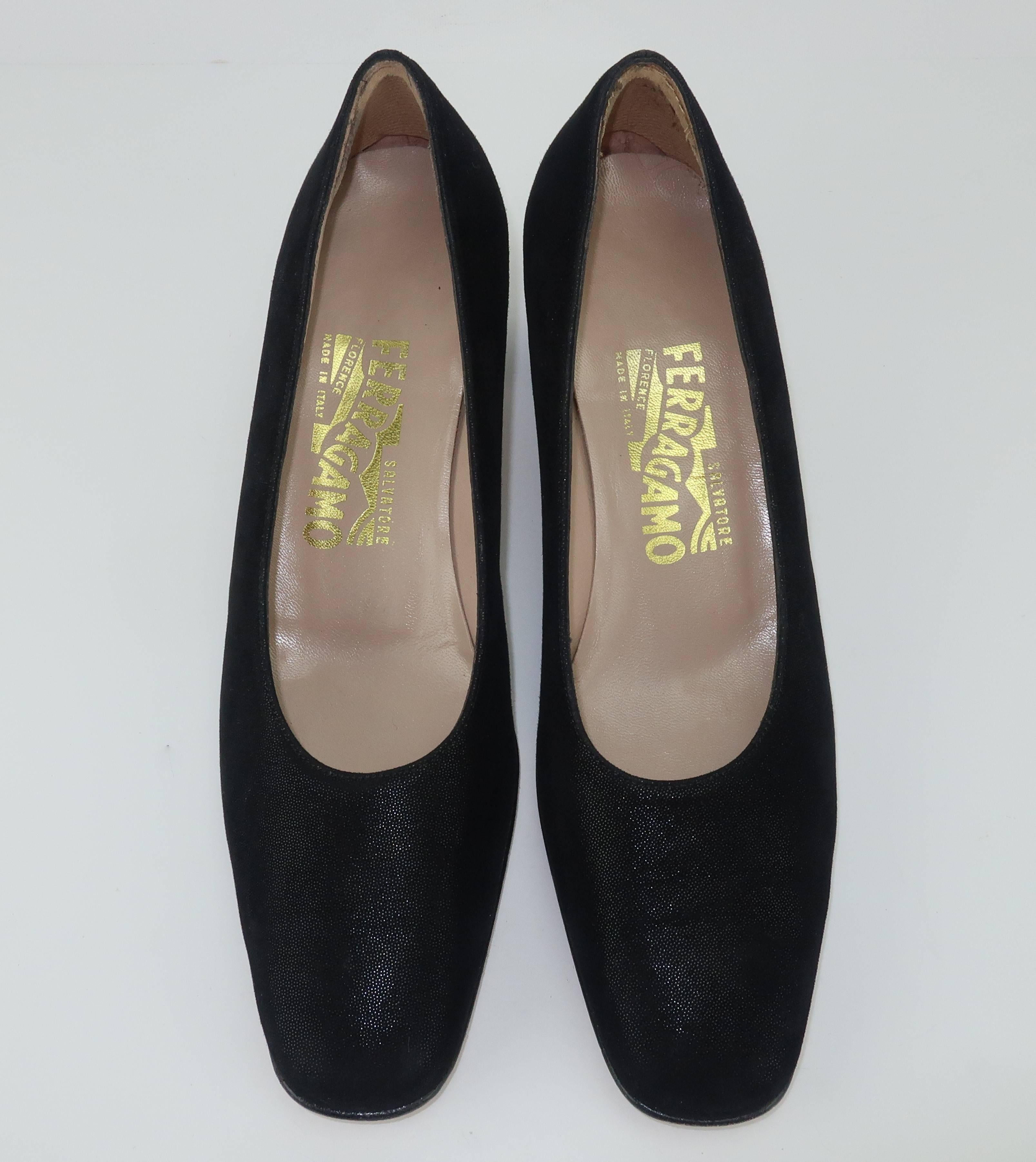 Ferragamo Vintage Laminated Black Suede Shoes With Gold Details In Good Condition In Atlanta, GA