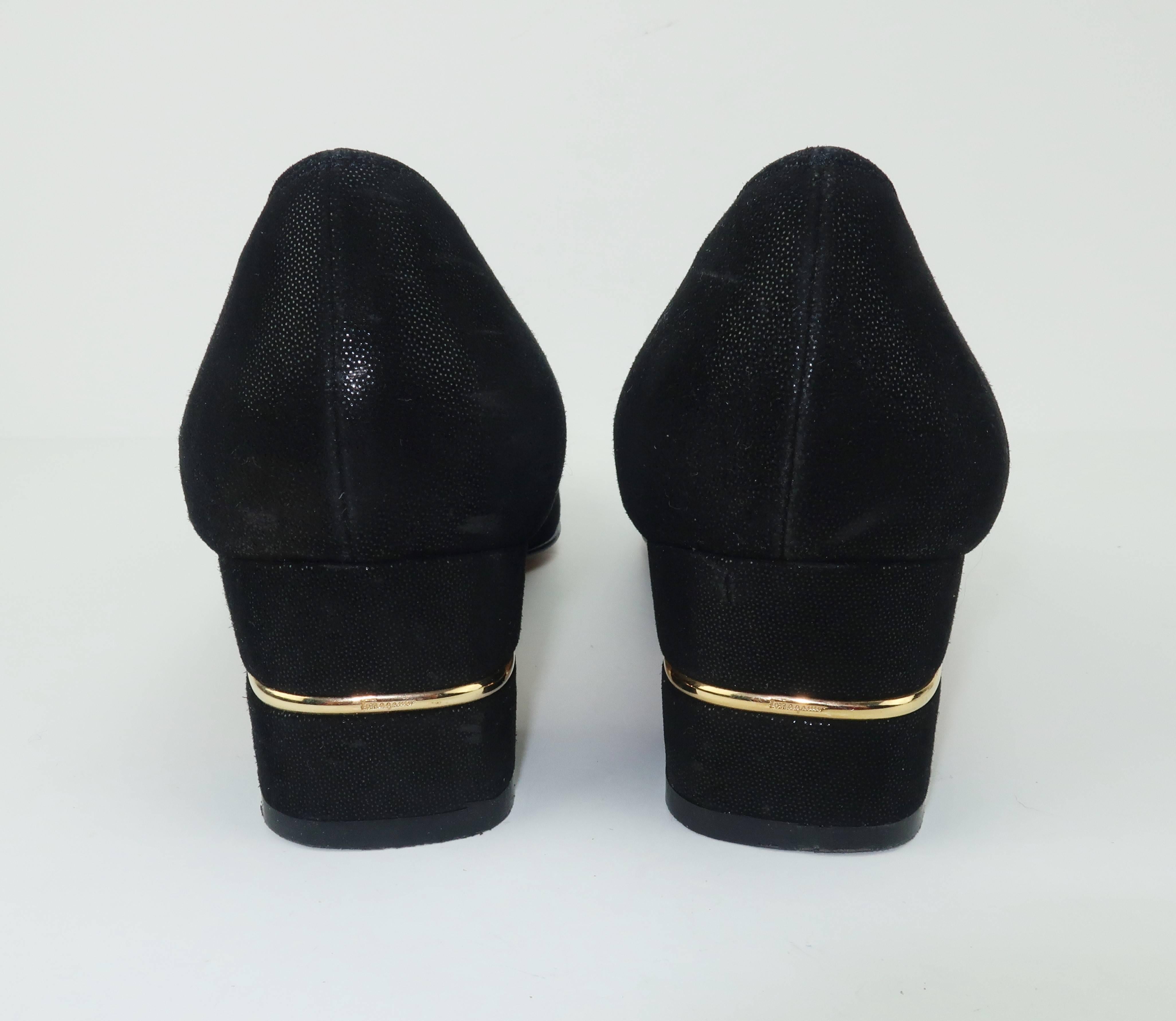 Ferragamo Vintage Laminated Black Suede Shoes With Gold Details 1