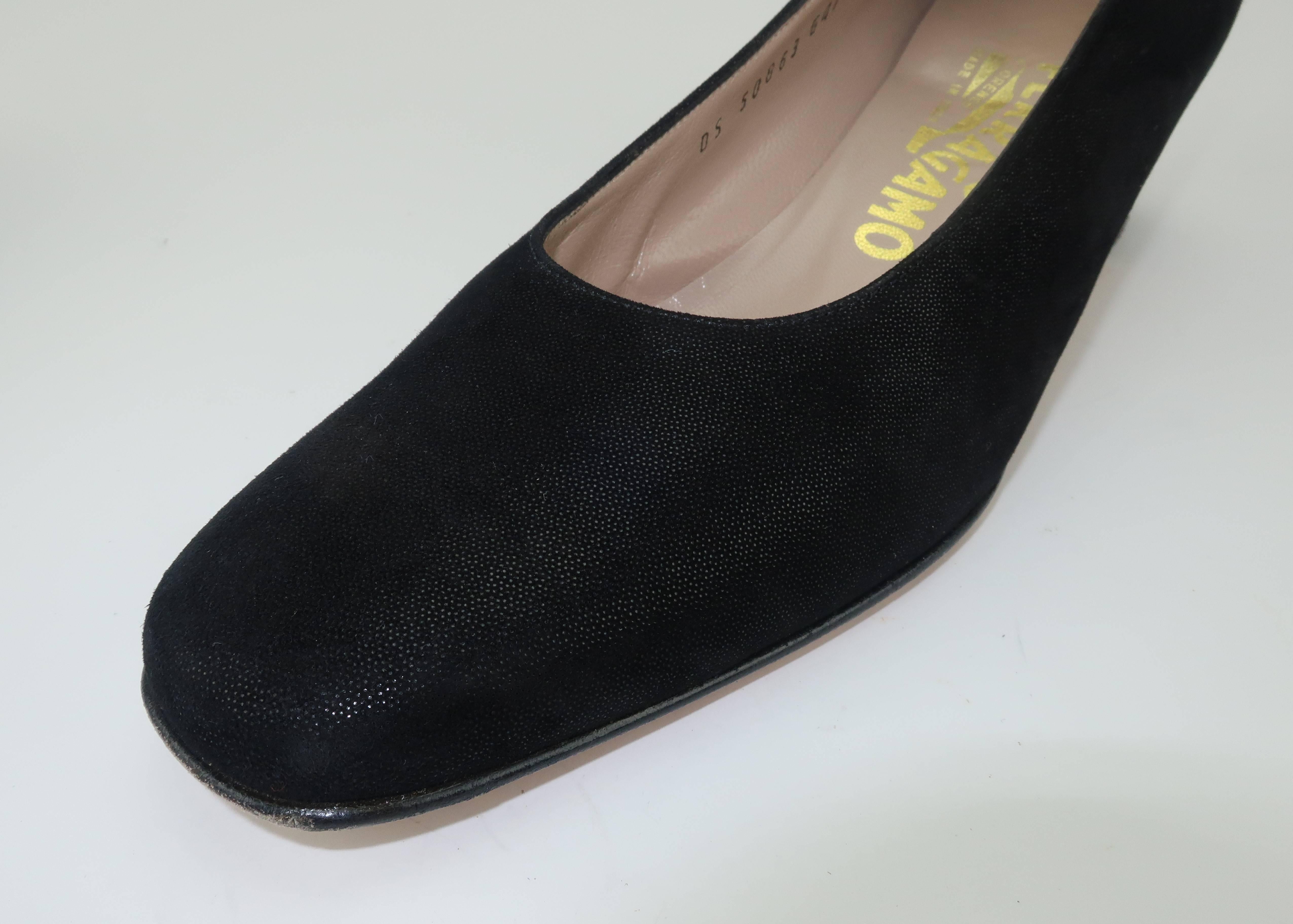 Women's Ferragamo Vintage Laminated Black Suede Shoes With Gold Details