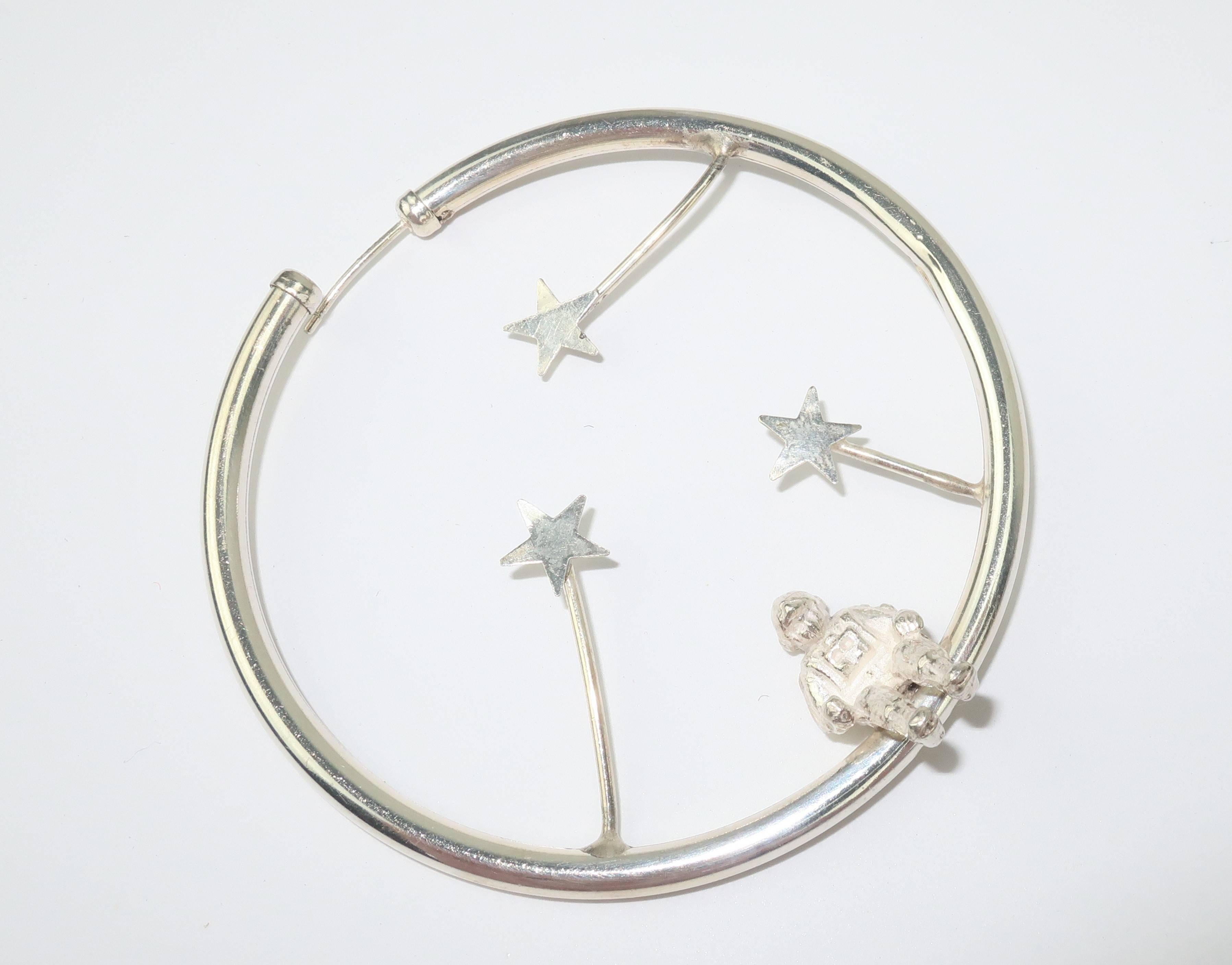 1980’s Sterling Silver Astronauts & Stars Hoop Earrings  3