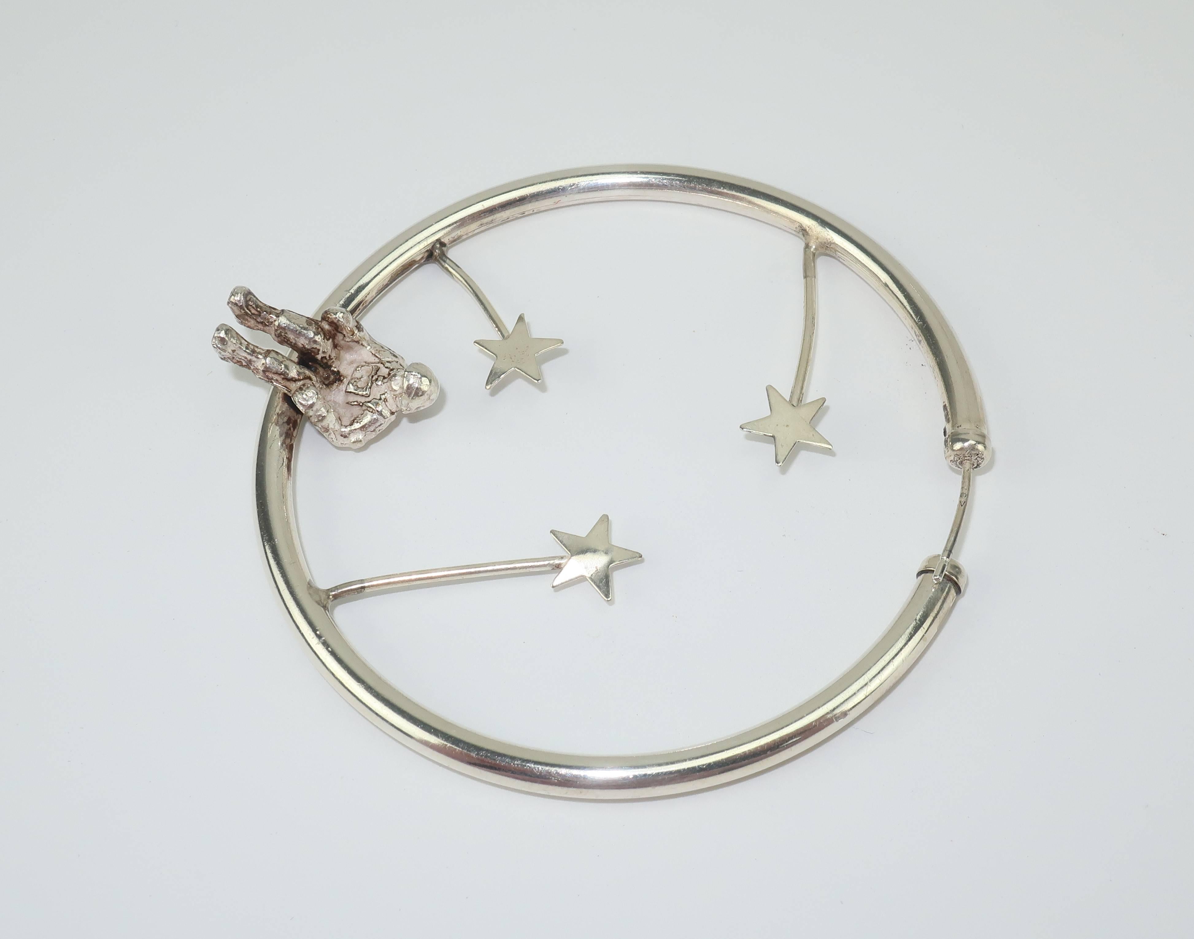 1980’s Sterling Silver Astronauts & Stars Hoop Earrings  2