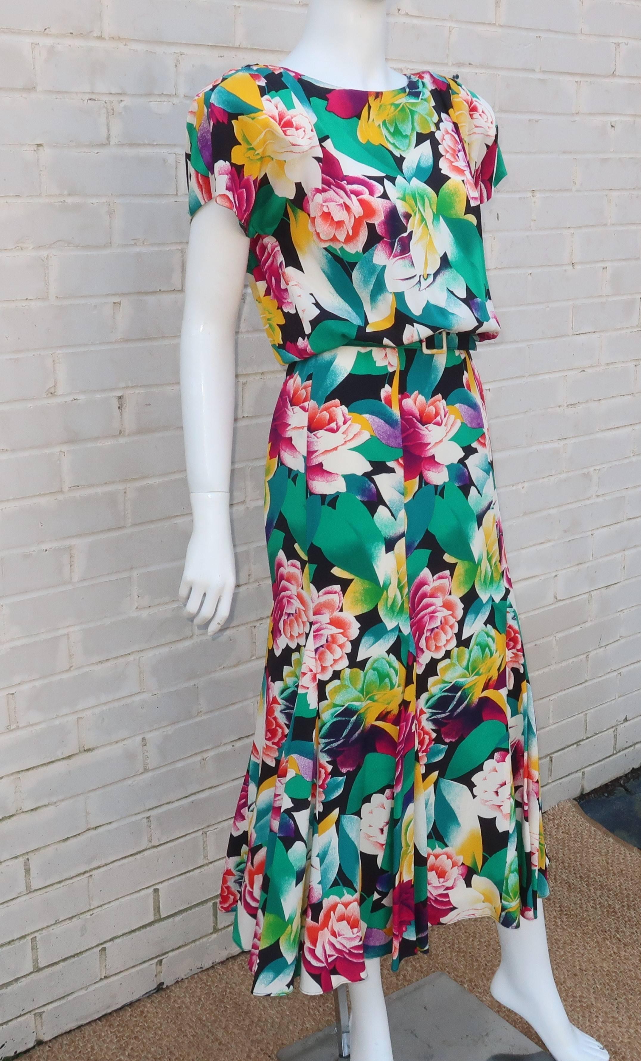 1980's Albert Nipon Tropical Floral Silk Dress For Sale at 1stDibs ...