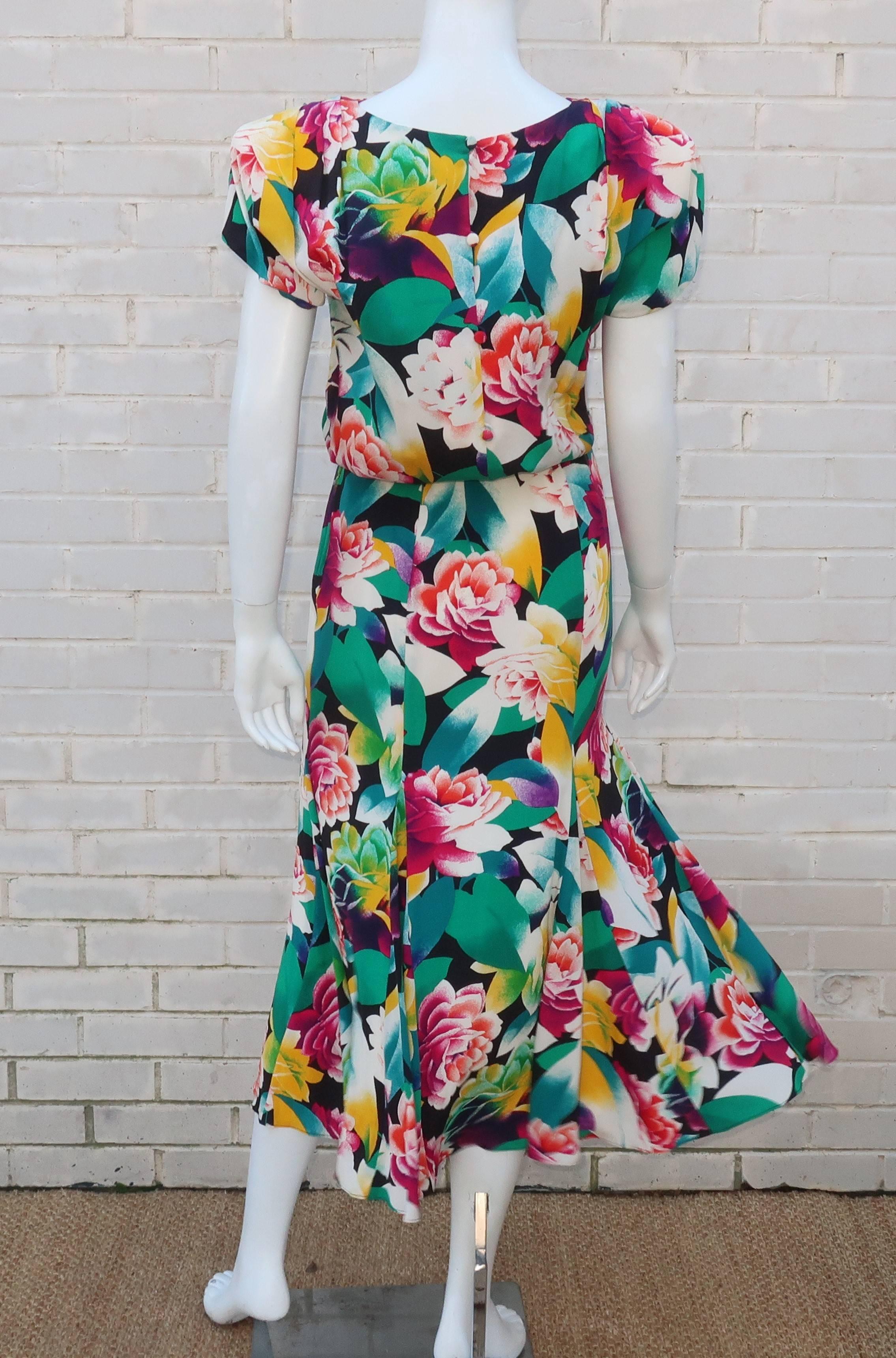 1980's Albert Nipon Tropical Floral Silk Dress 2