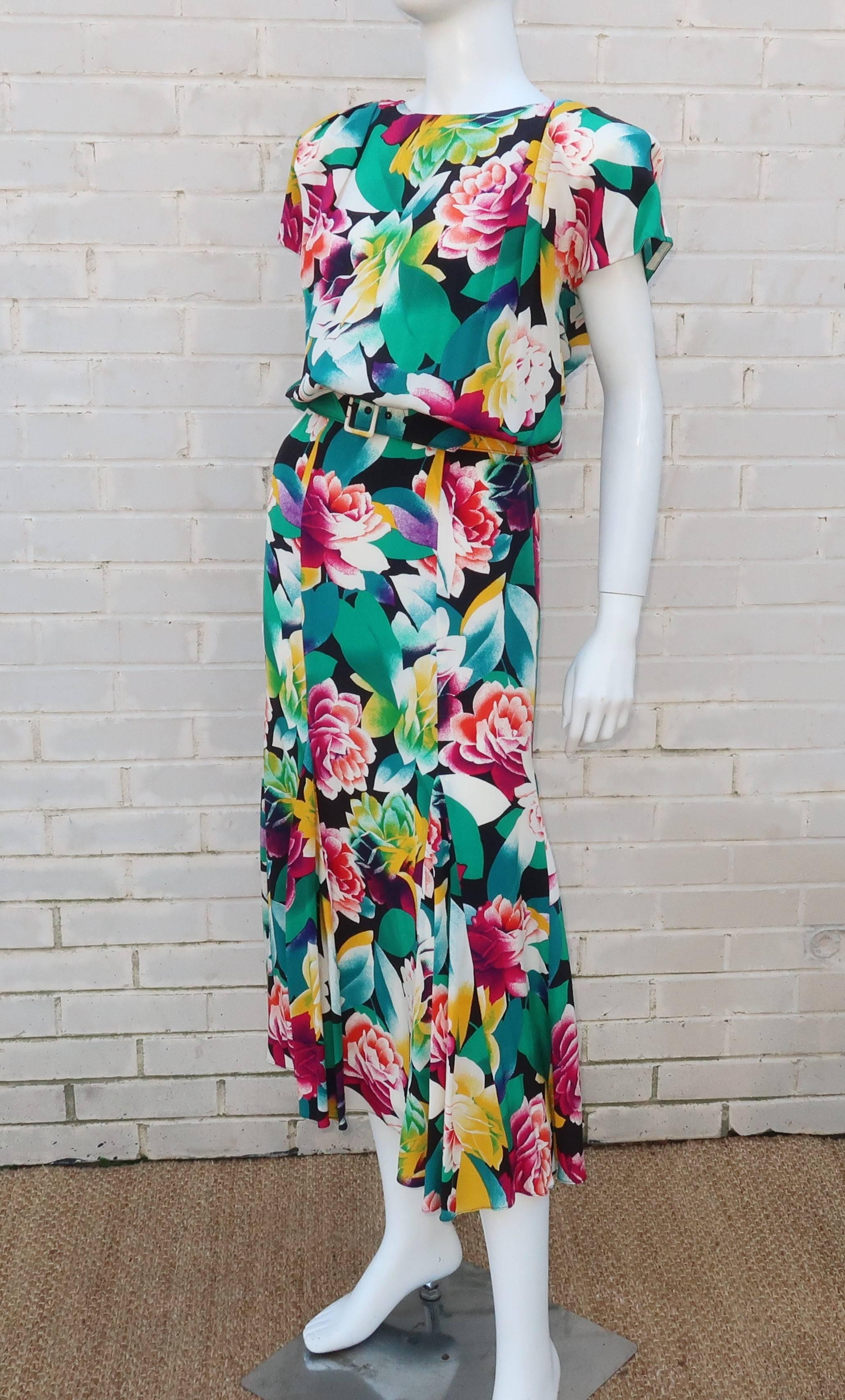 1980's Albert Nipon Tropical Floral Silk Dress 1