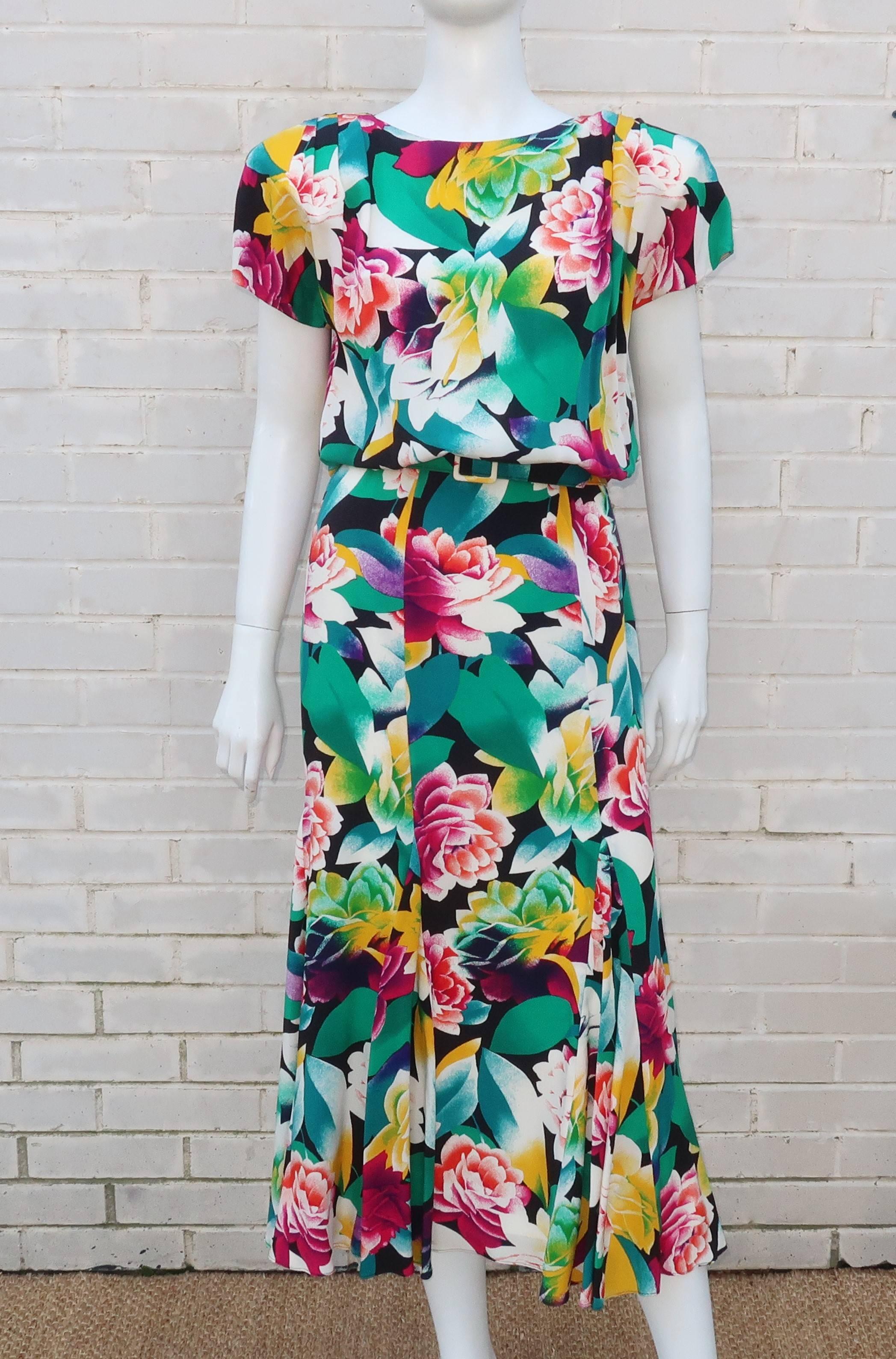 1980's Albert Nipon Tropical Floral Silk Dress For Sale at 1stDibs ...