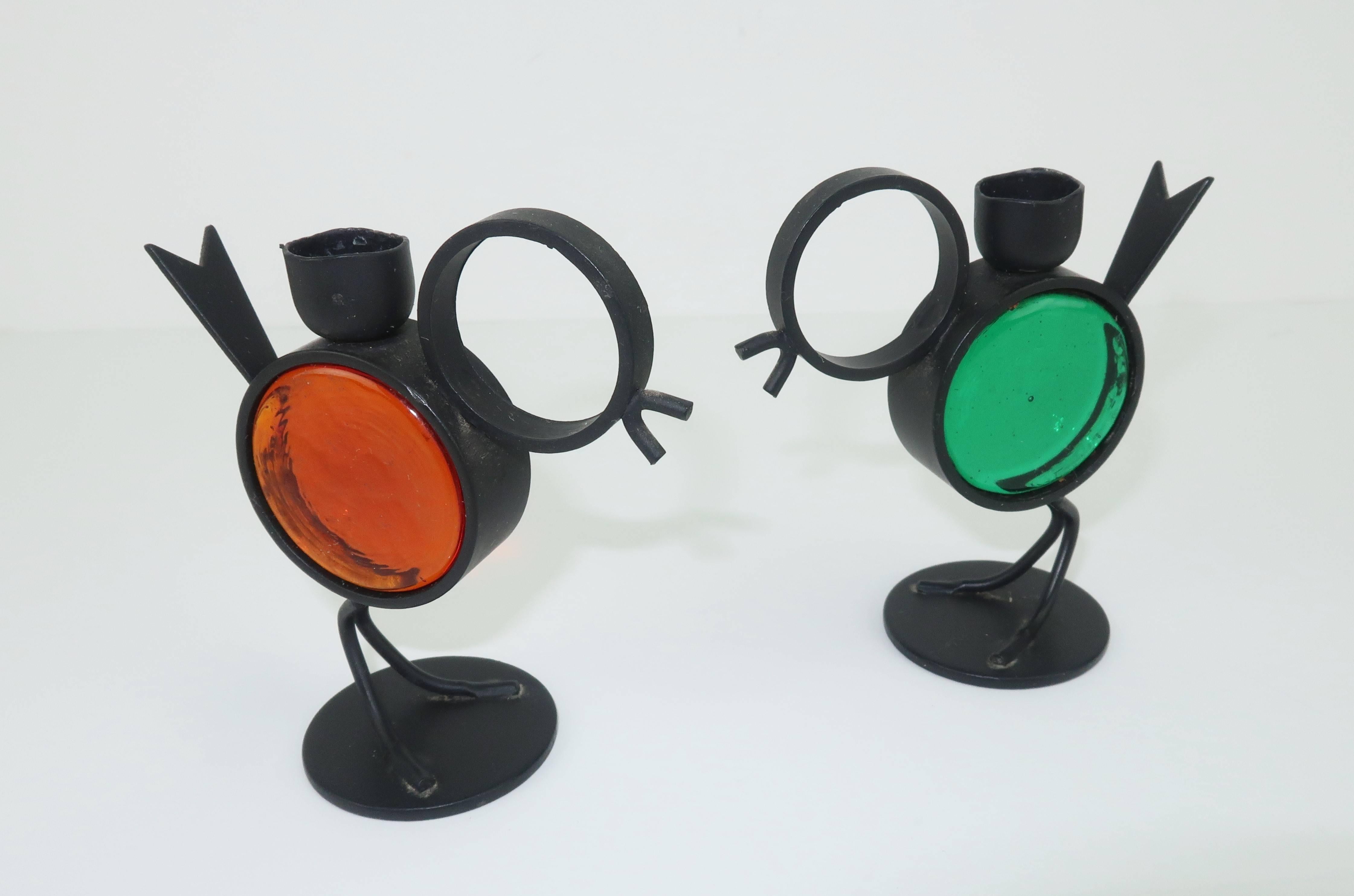 Modernist Ystad Metall Iron and Glass Chick Candle Holders, circa 1960 