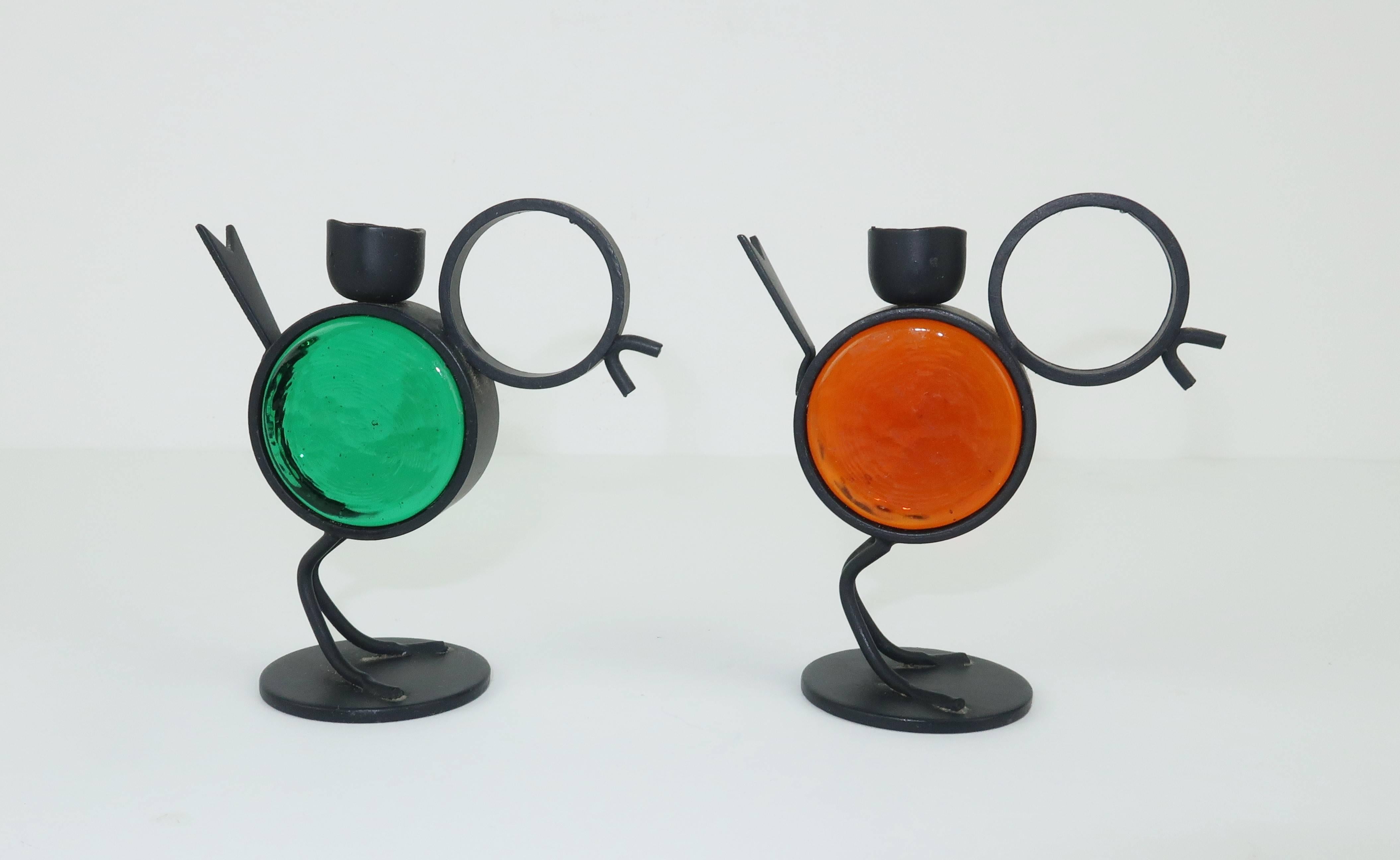 Ystad Metall Iron and Glass Chick Candle Holders, circa 1960  3