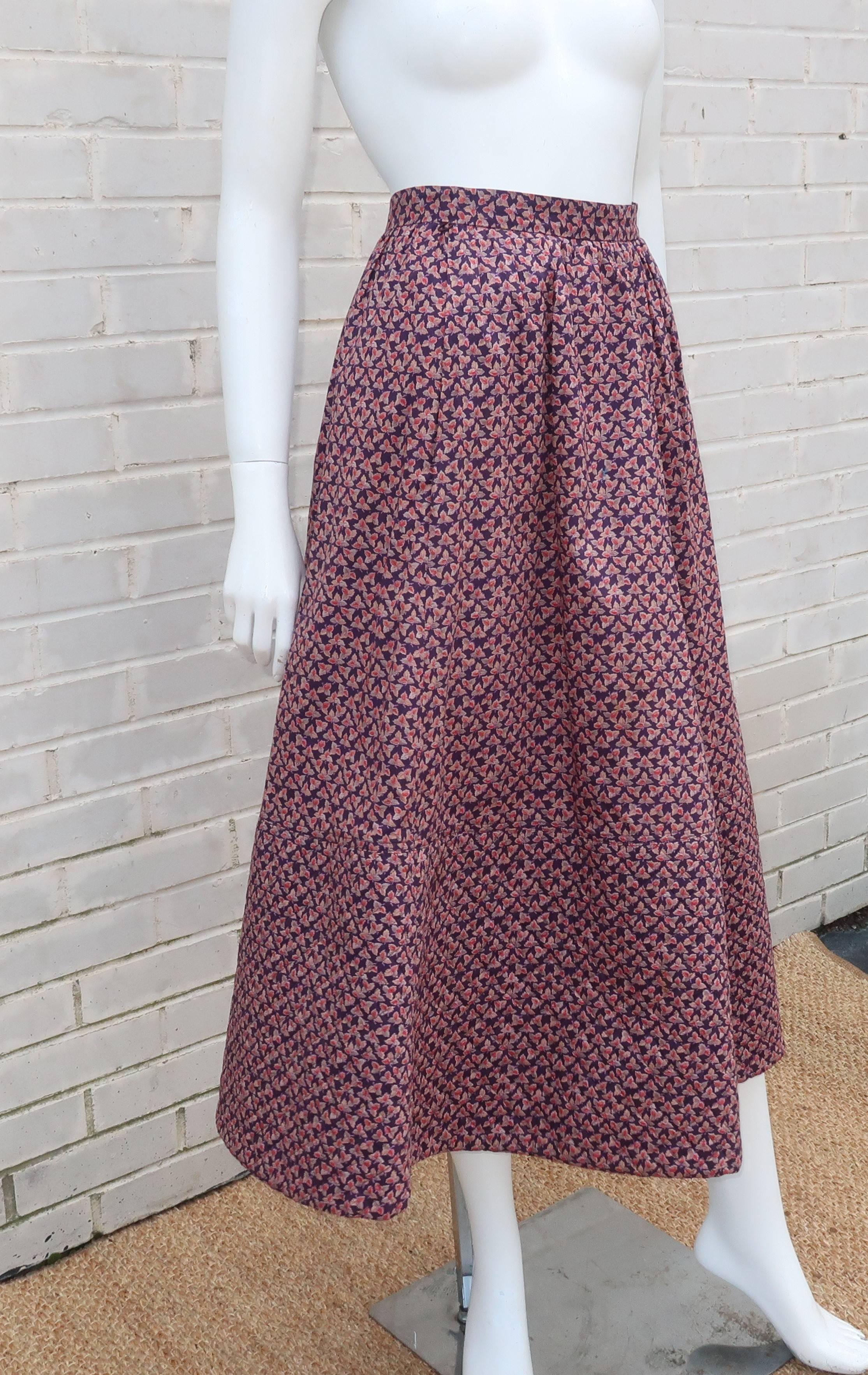 Jaeger Floral Cotton Peasant Skirt With Quilted Hem, 1970s  In Good Condition In Atlanta, GA