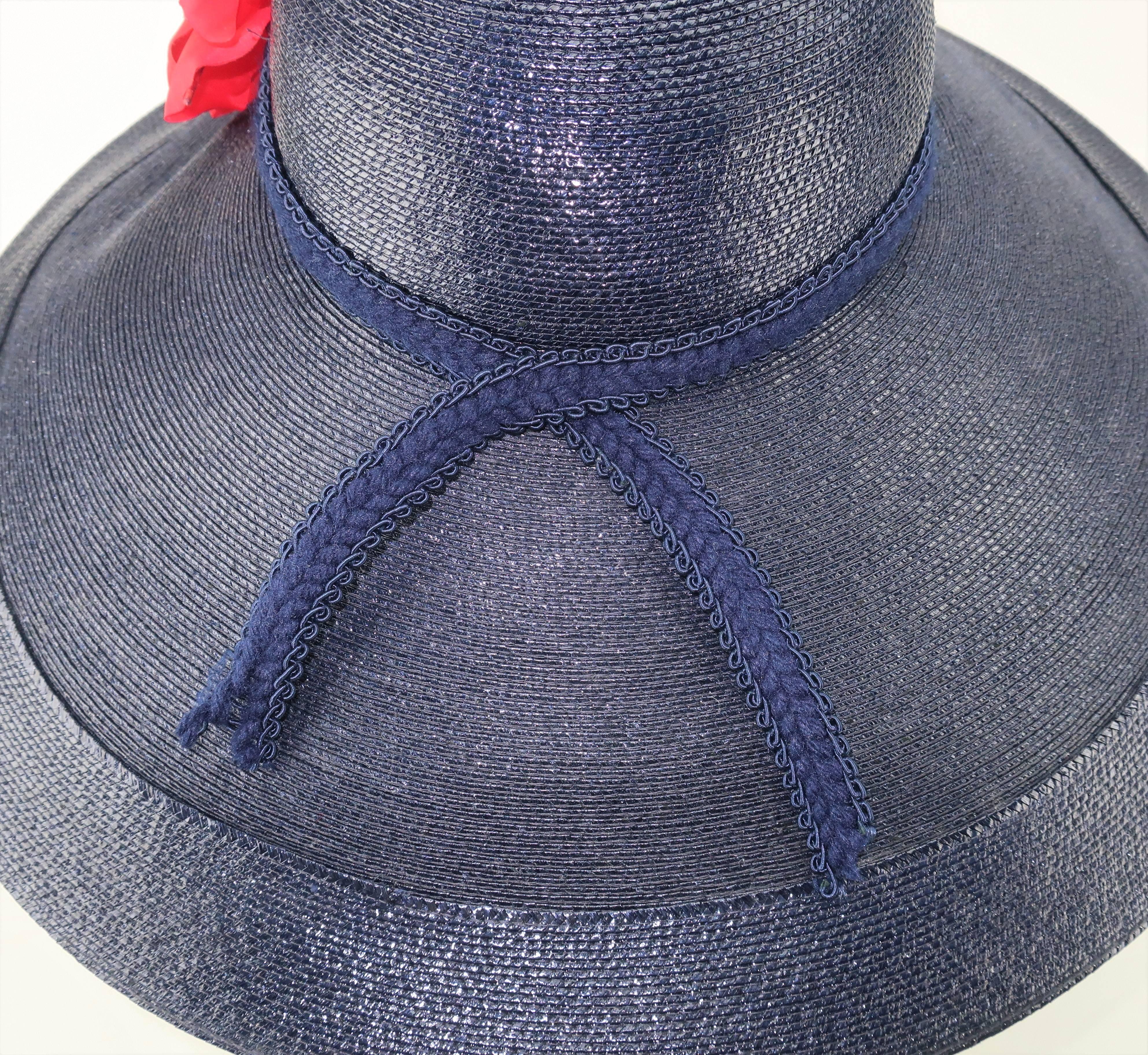 Patricia Underwood Blue Straw Wide Brim Hat With Rose, 1980s  In Good Condition In Atlanta, GA