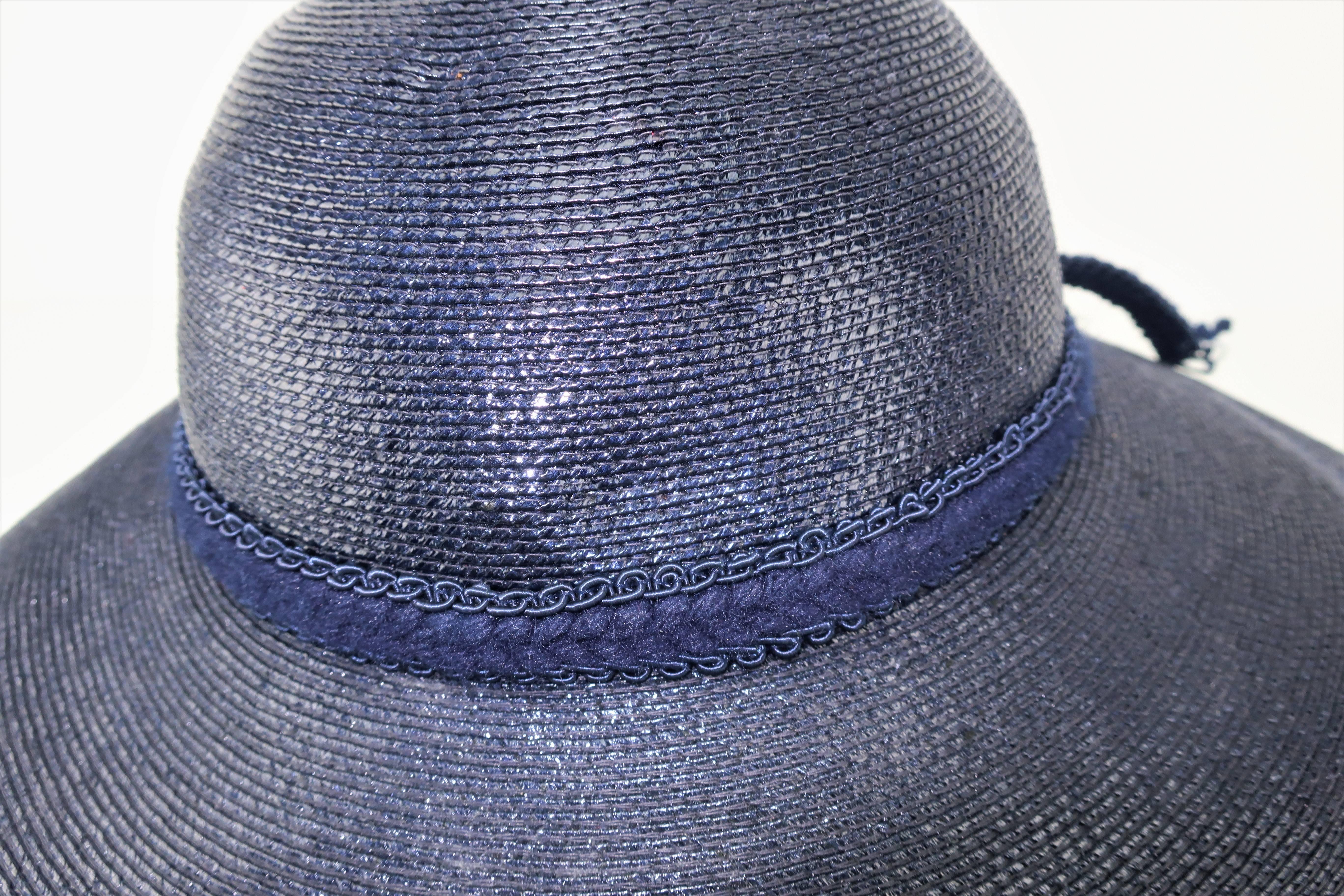 Patricia Underwood Blue Straw Wide Brim Hat With Rose, 1980s  4