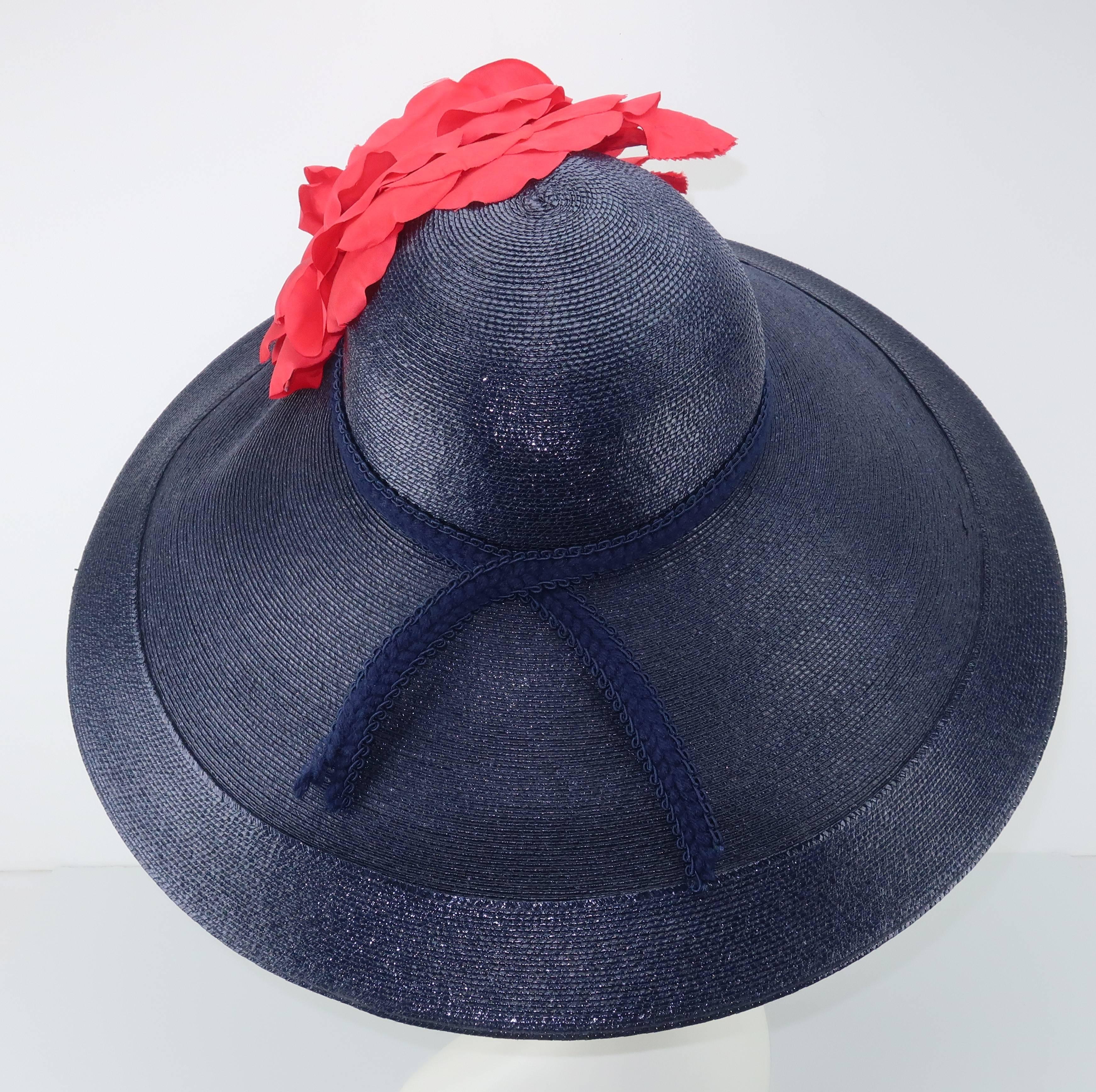 Black Patricia Underwood Blue Straw Wide Brim Hat With Rose, 1980s 