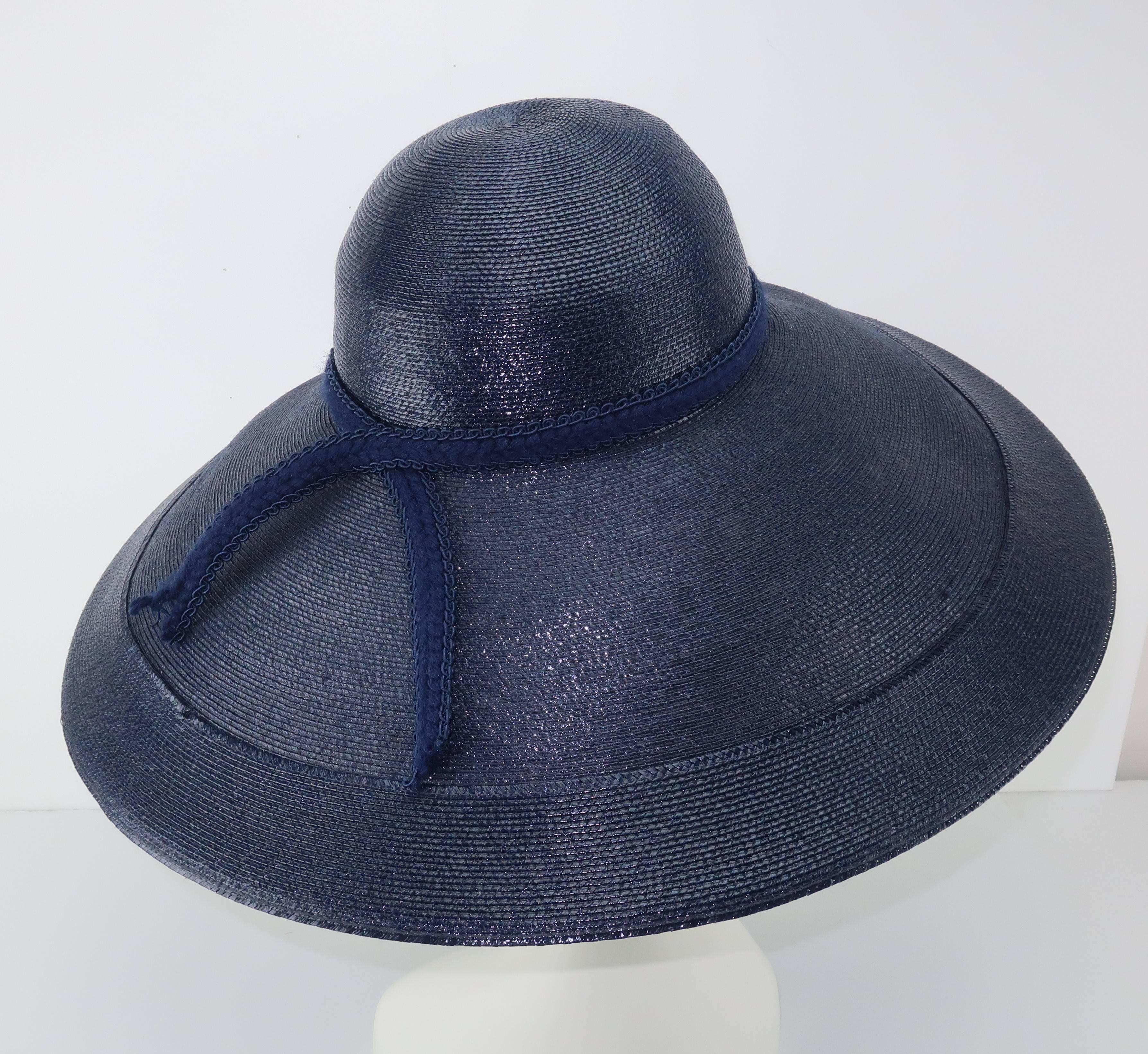 Patricia Underwood Blue Straw Wide Brim Hat With Rose, 1980s  2