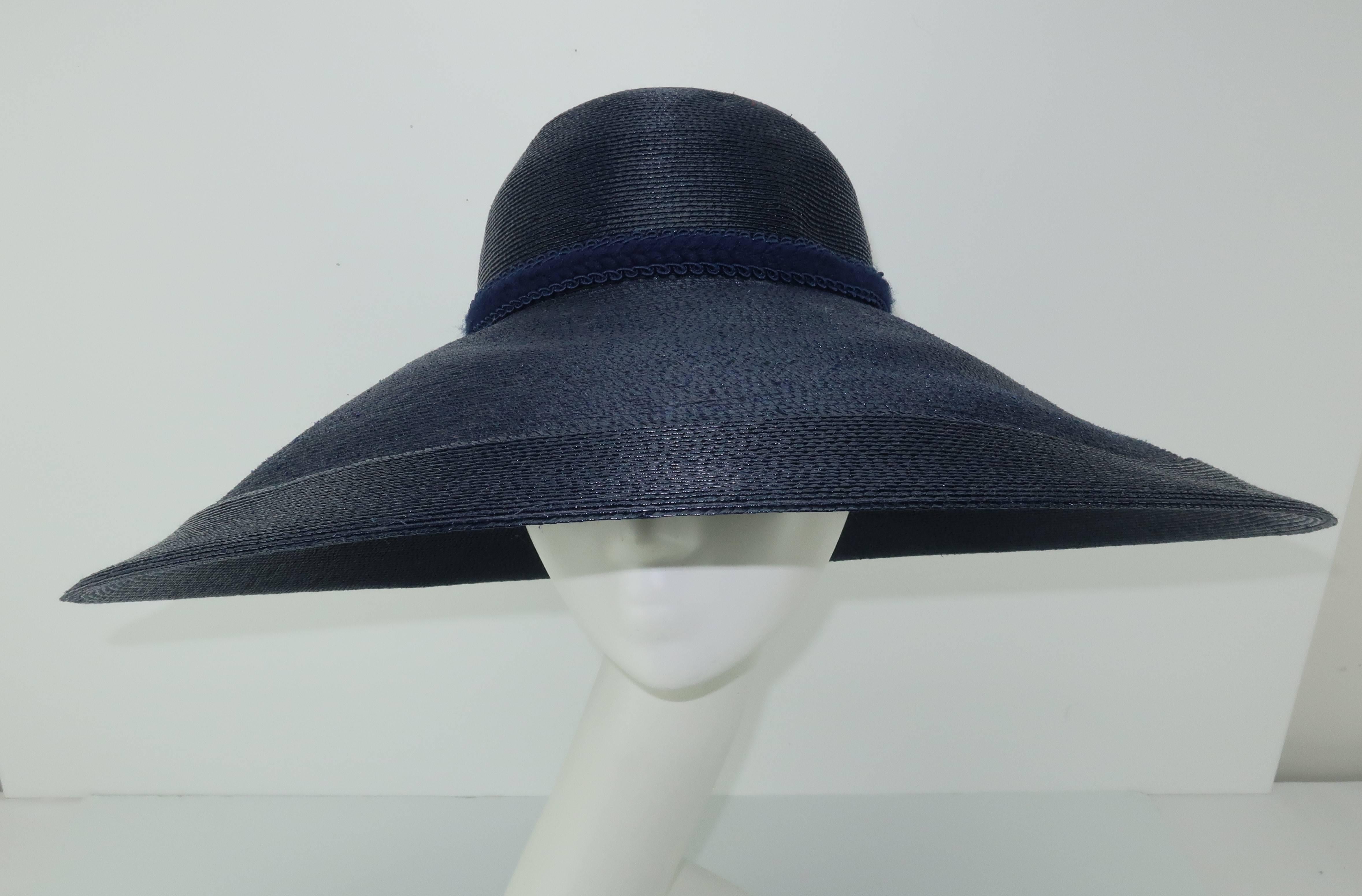 Patricia Underwood Blue Straw Wide Brim Hat With Rose, 1980s  1