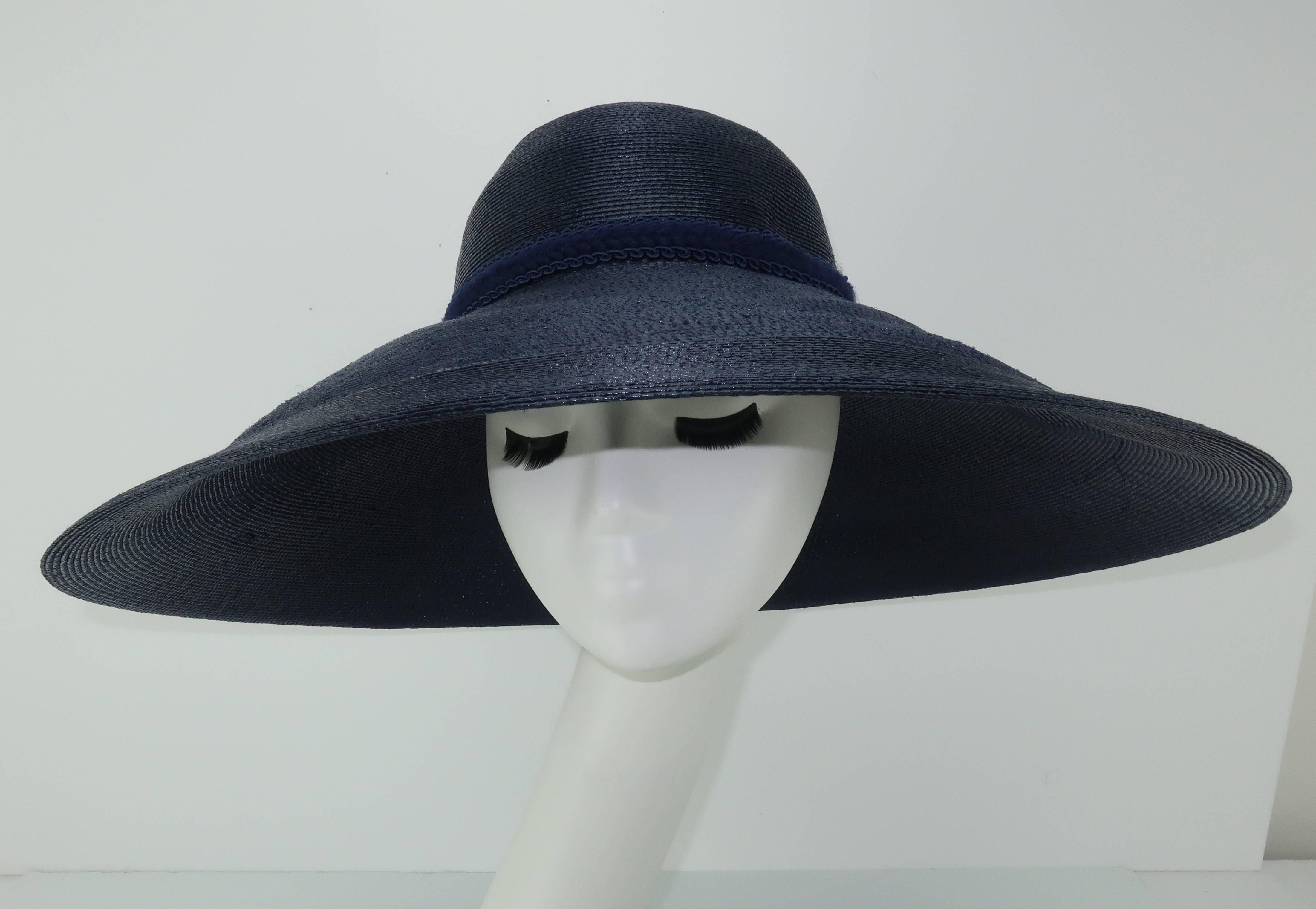 Women's Patricia Underwood Blue Straw Wide Brim Hat With Rose, 1980s 