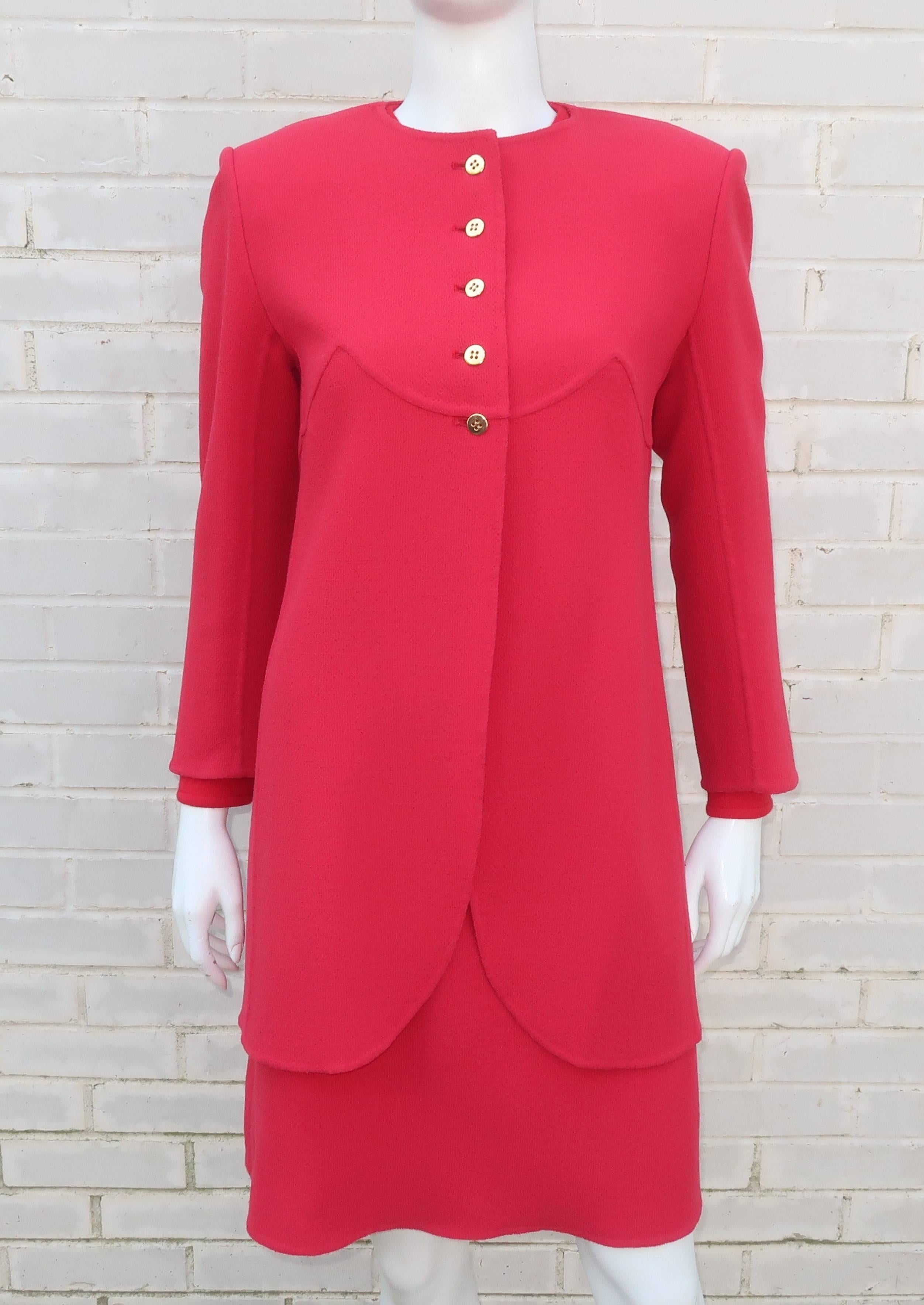 Bill Blass made a name for himself designing clothes for east coast society and this elegant two piece dress ensemble has all the bells and whistles of a ‘ladies who lunch’ look.  The long sleeve lined wool knit dress zips and hooks at the back with