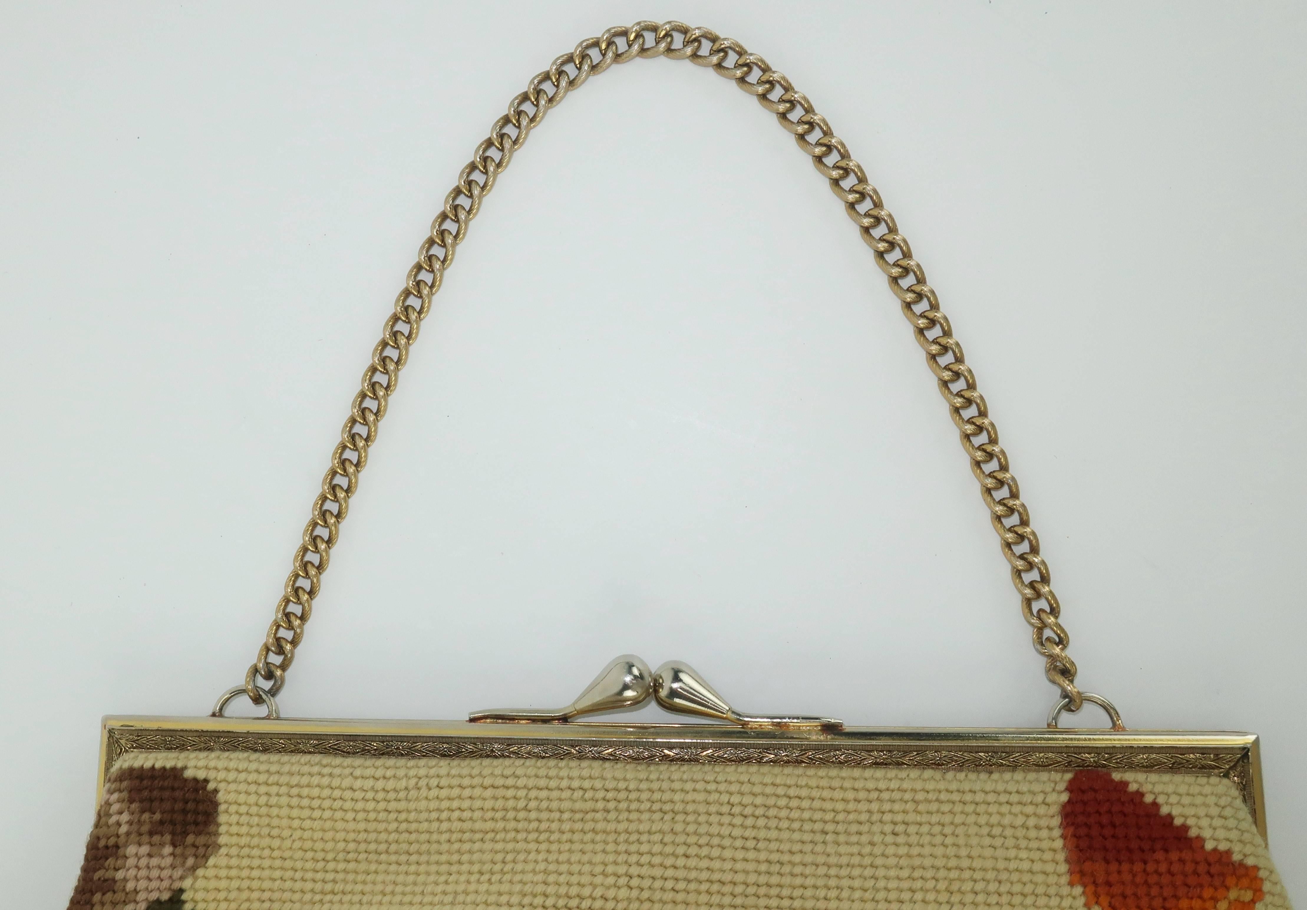 Large C.1960 Needlepoint Handbag With Mushroom Motif 4