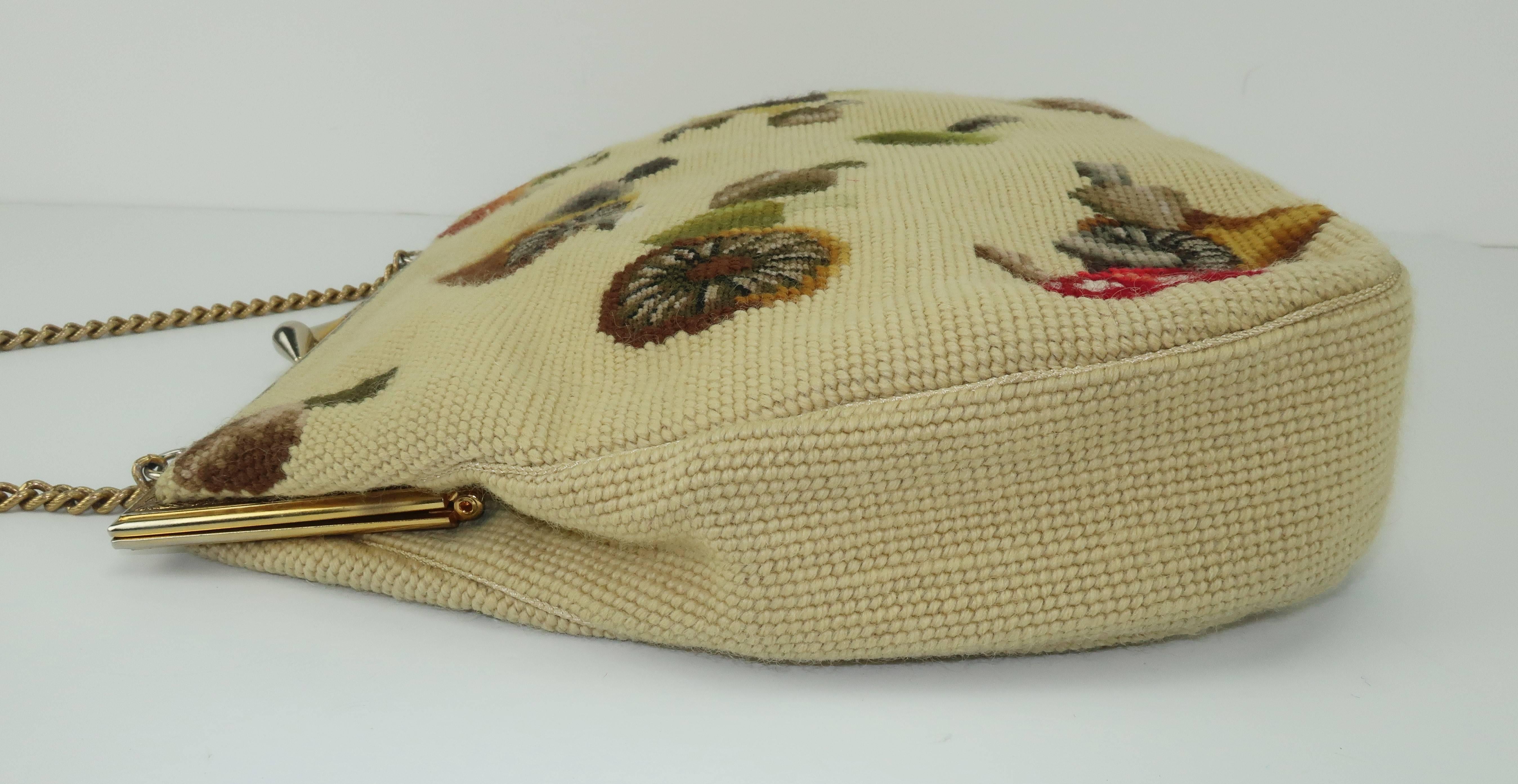 Large C.1960 Needlepoint Handbag With Mushroom Motif 3