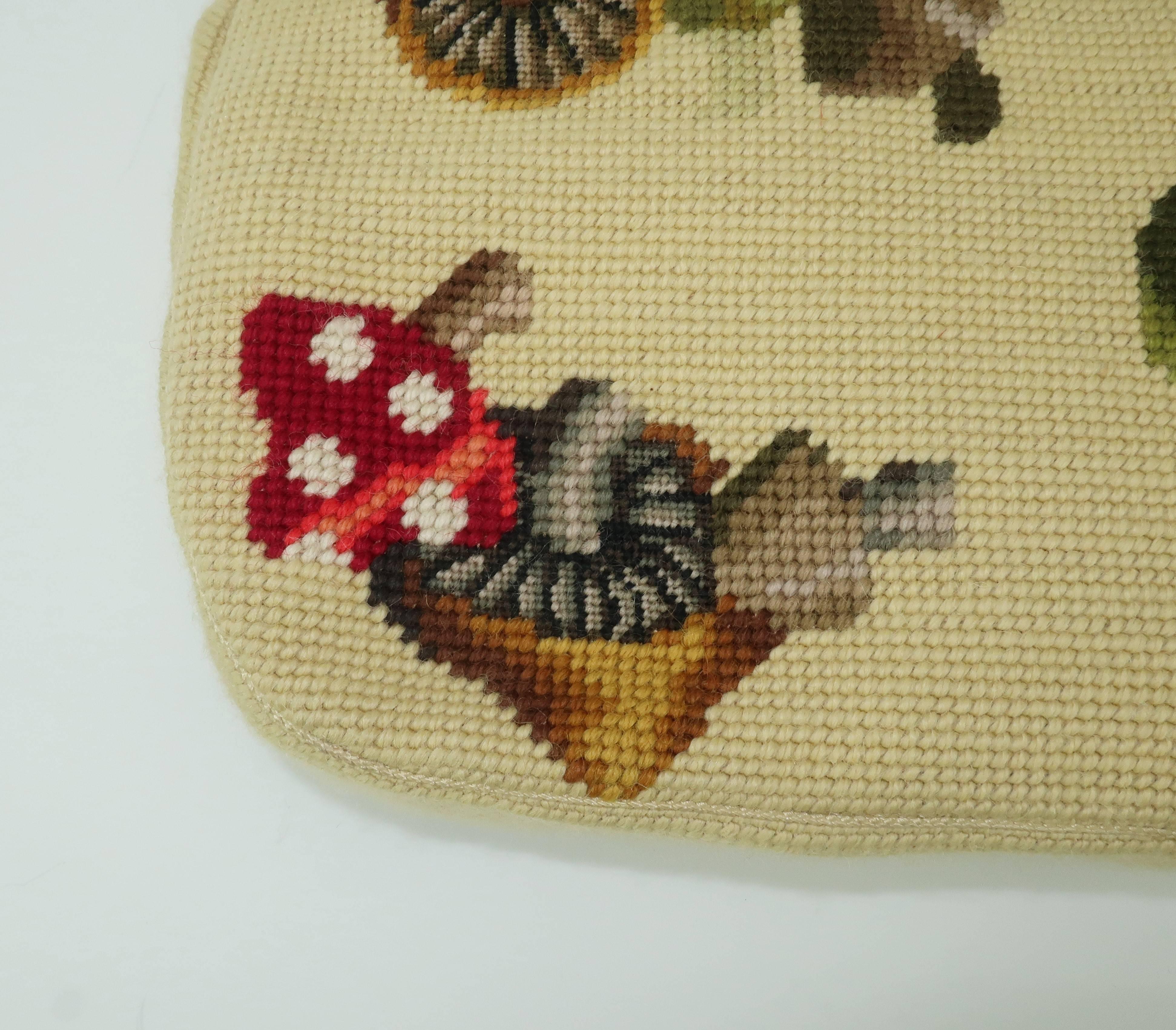 Women's or Men's Large C.1960 Needlepoint Handbag With Mushroom Motif