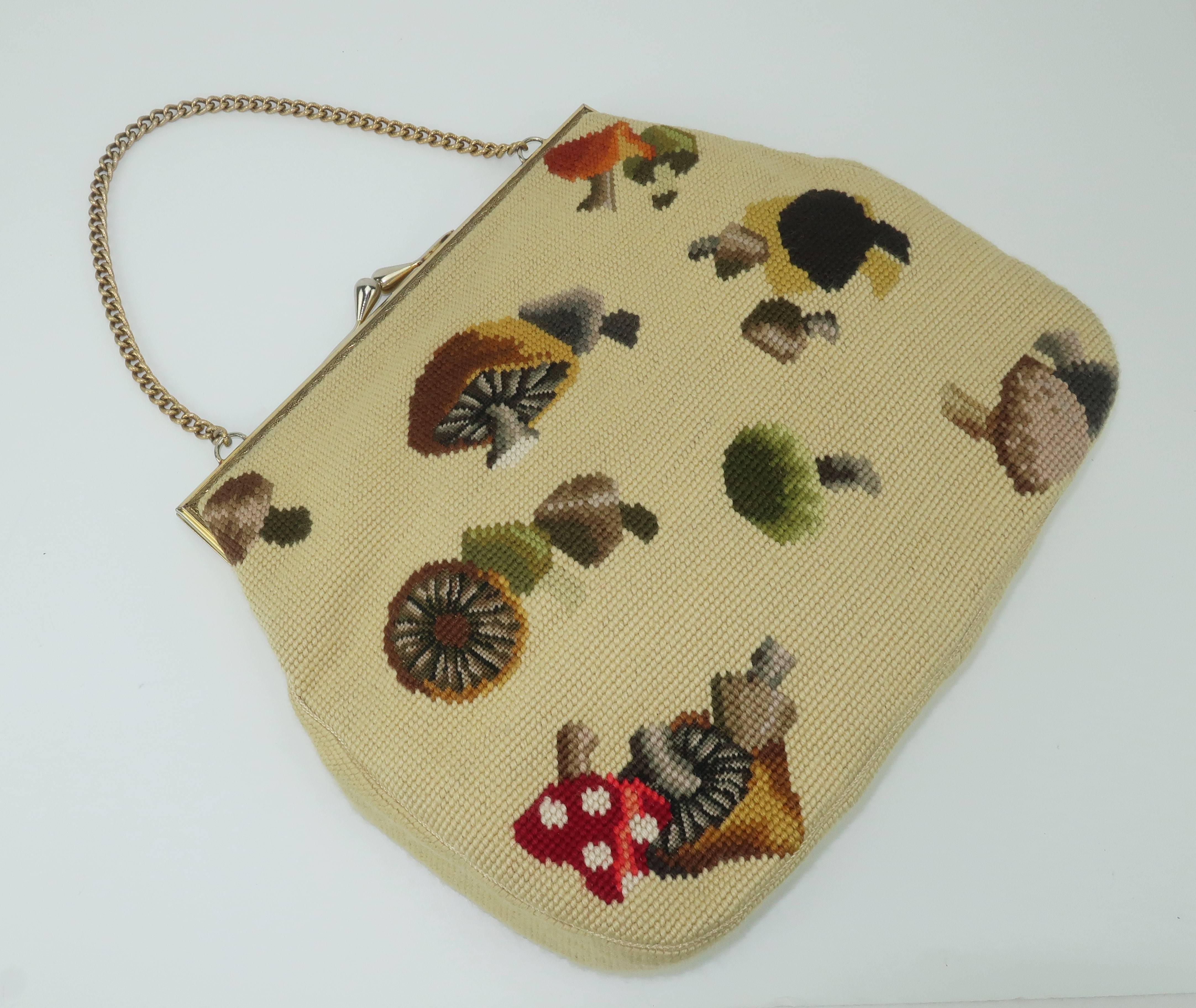 Brown Large C.1960 Needlepoint Handbag With Mushroom Motif