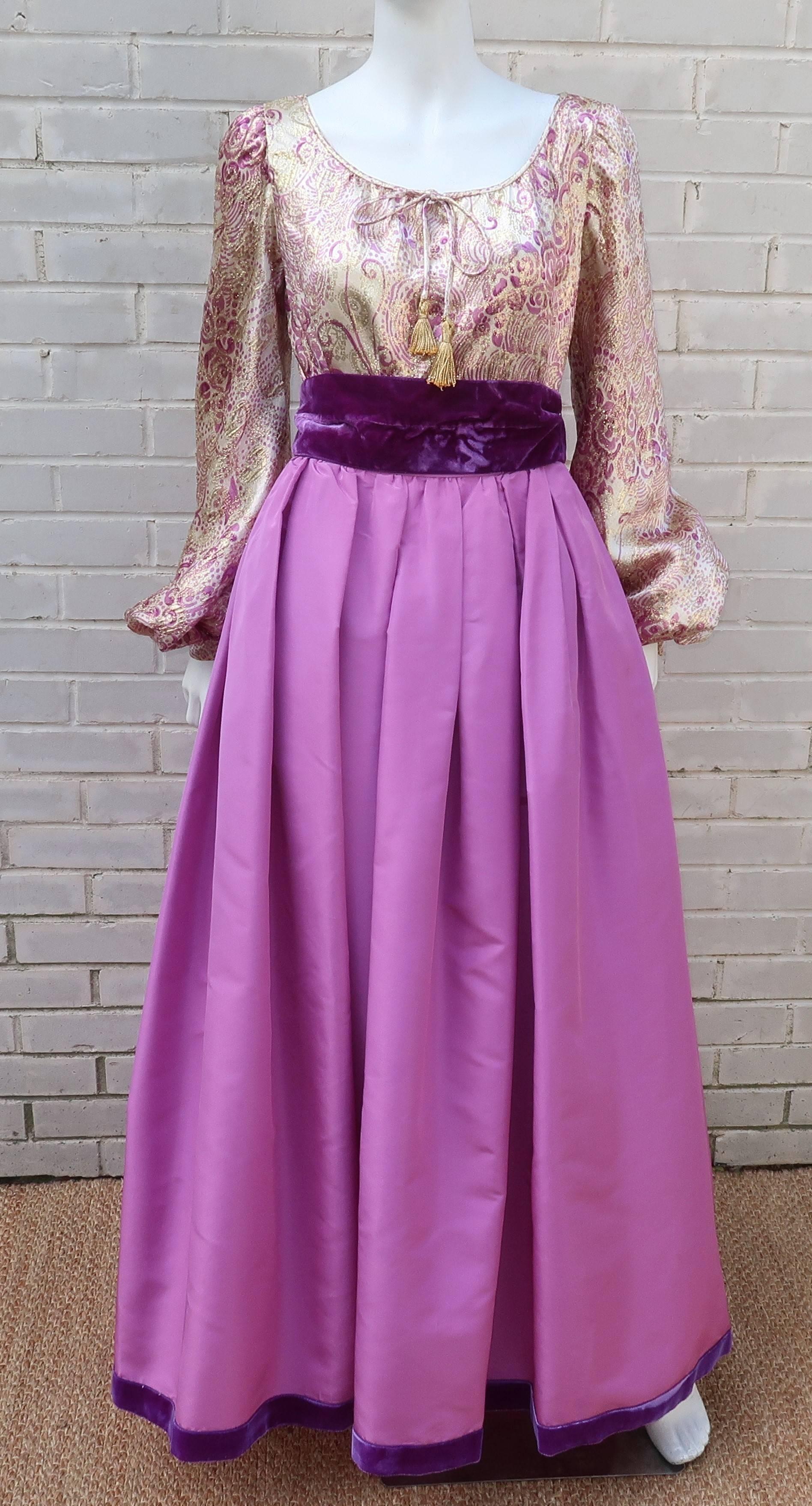 Purple 1970’s Mignon Gold Lamé & Orchid Taffeta Peasant Dress Ensemble