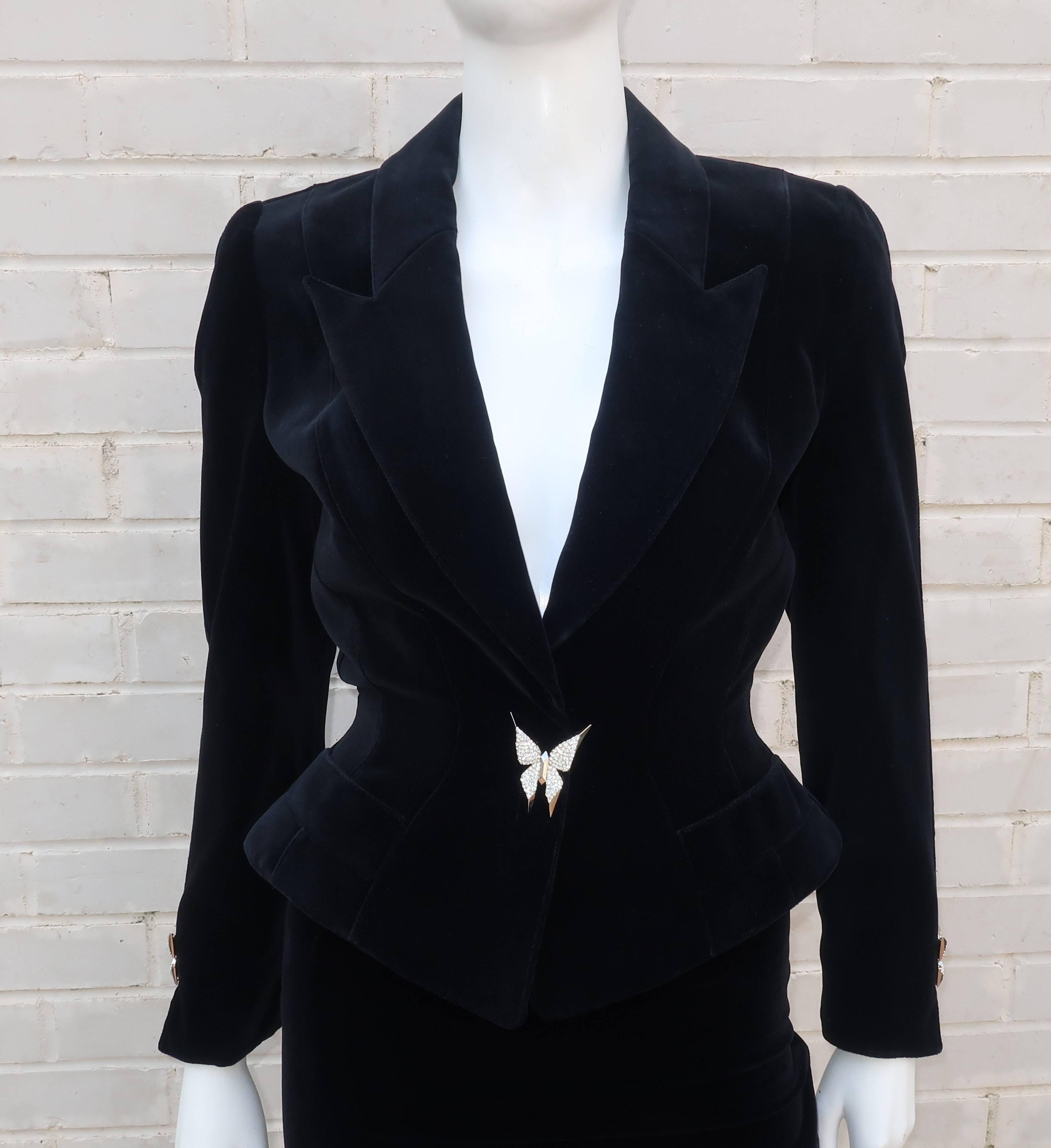 Women's Vintage Thierry Mugler Black Velvet Wasp Waist Suit With Butterfly Buttons