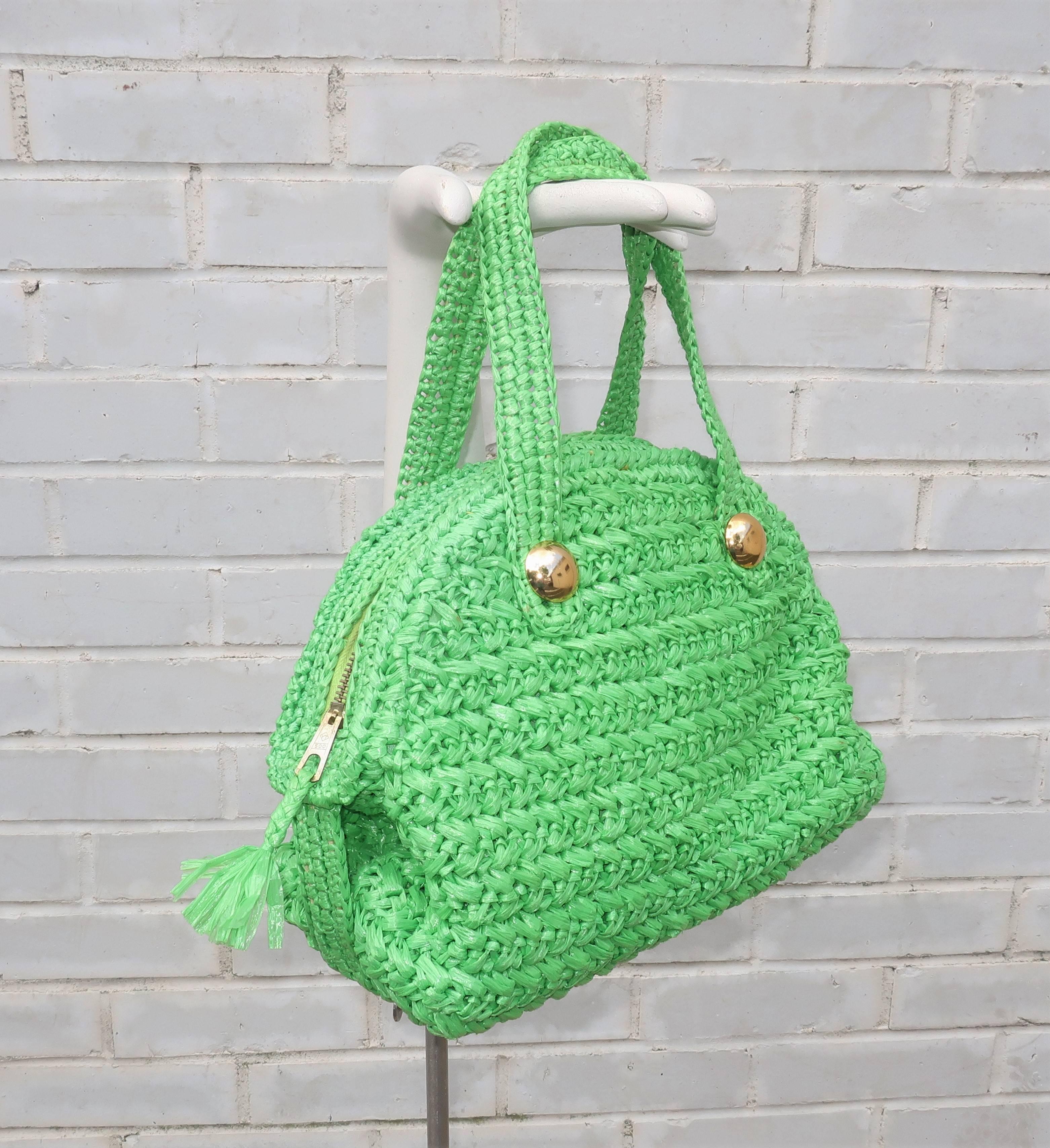 1960's Marchioness Green Straw Satchel Handbag 3