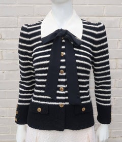 Adolfo Black and White Striped Nubby Wool Knit Dress Suit
